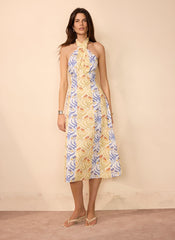 Yellow Cotton Floral Print Midi Dress