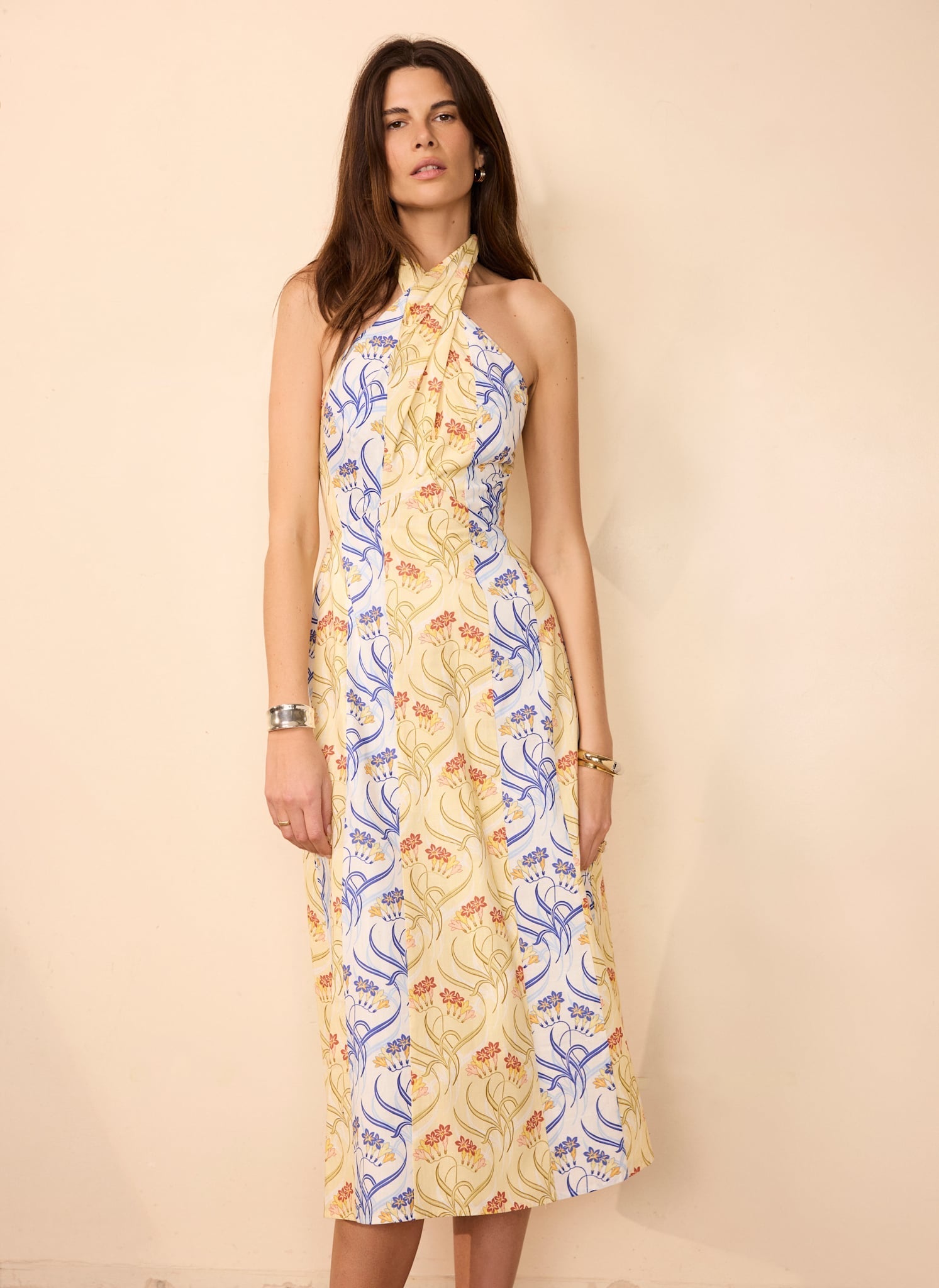 Yellow Cotton Floral Print Midi Dress