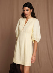 Yellow Linen Puff Sleeve Mini Dress