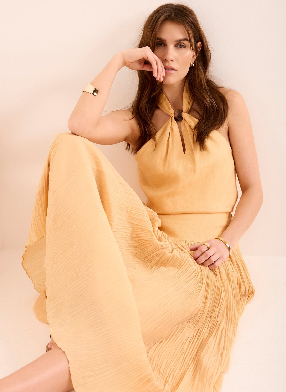 Yellow Drop Waist Crinkle Midi Skirt