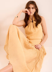 Yellow Drop Waist Crinkle Midi Skirt