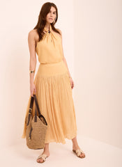 Yellow Drop Waist Crinkle Midi Skirt
