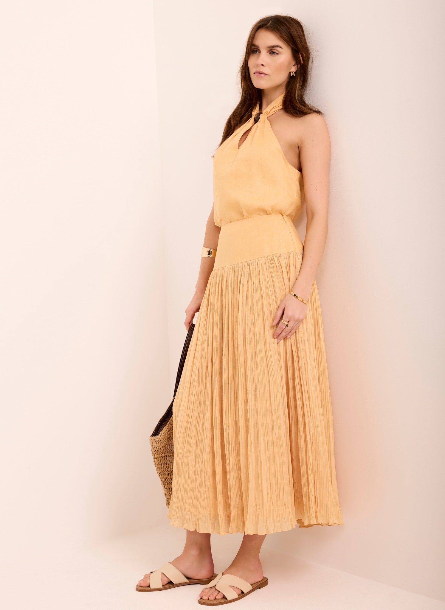Yellow Drop Waist Crinkle Midi Skirt