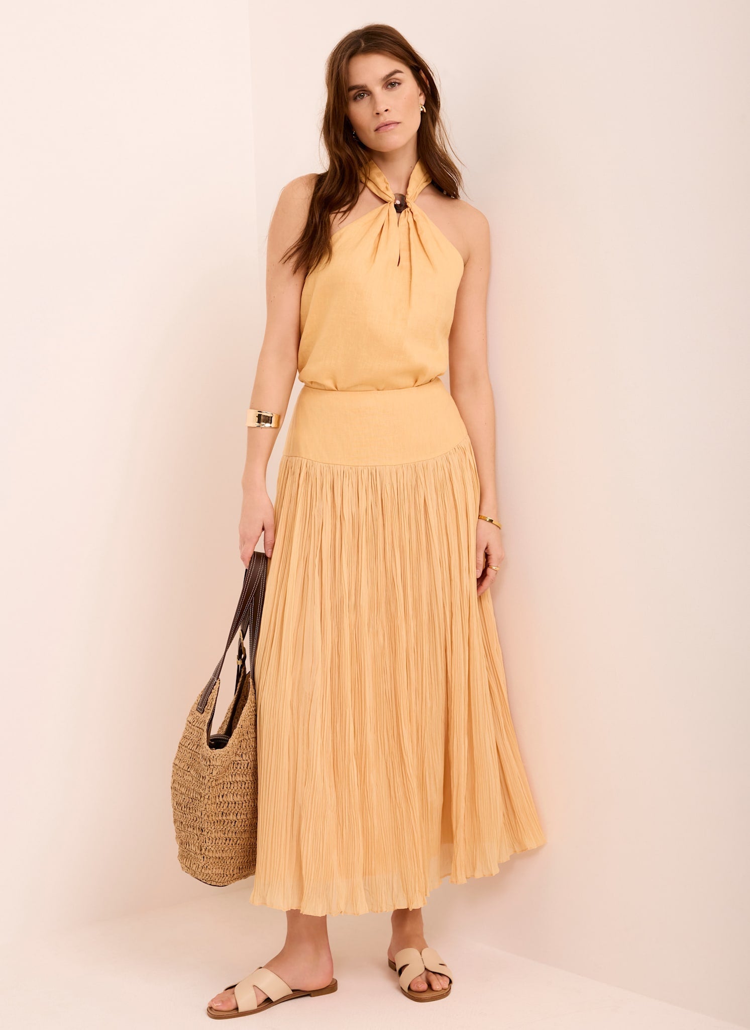 Yellow Drop Waist Crinkle Midi Skirt