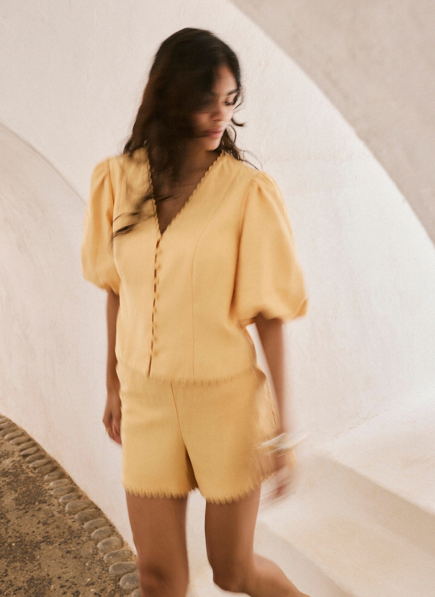 Yellow Linen Scallop Hem Shorts