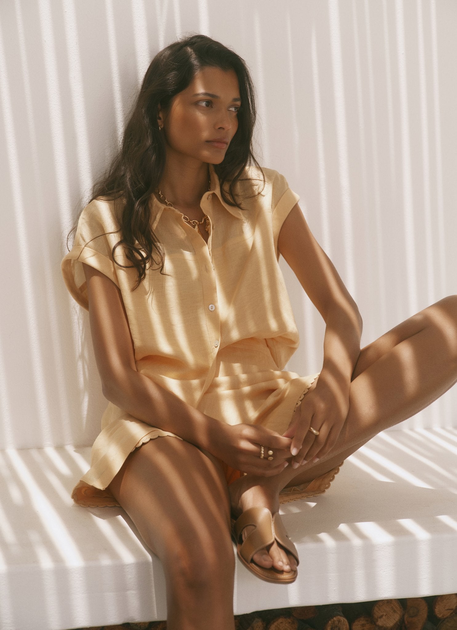 Yellow Linen Scallop Hem Shorts