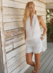 White Linen Ruffle Trim Shorts
