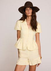 Yellow Linen Ruffle Trim Shorts