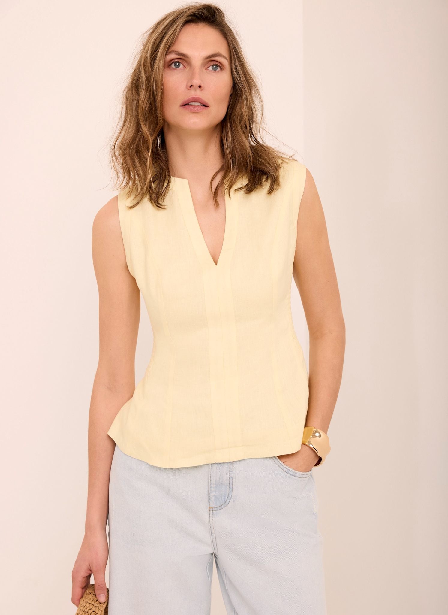 Yellow Linen Shirred Top