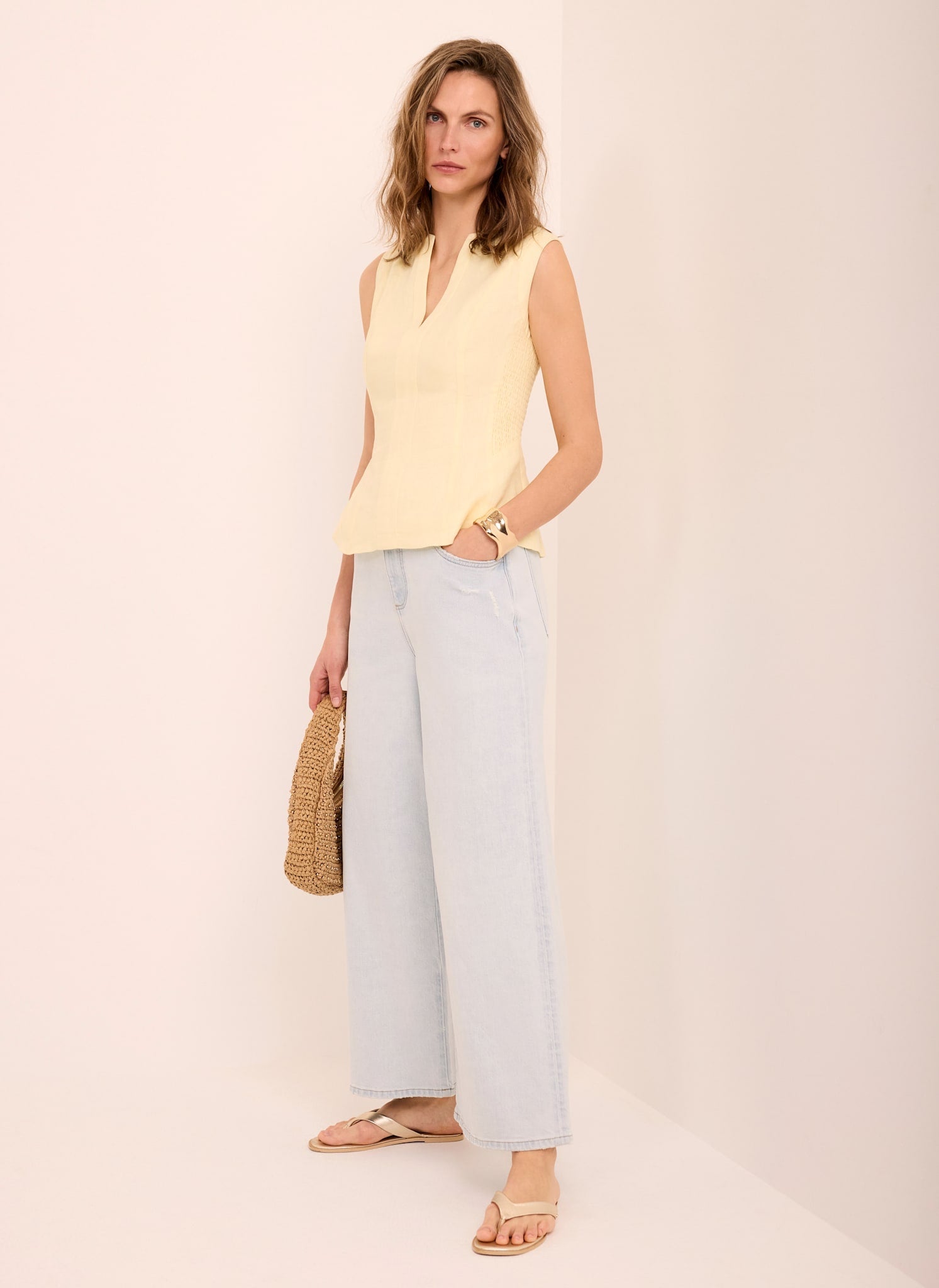 Yellow Linen Shirred Top