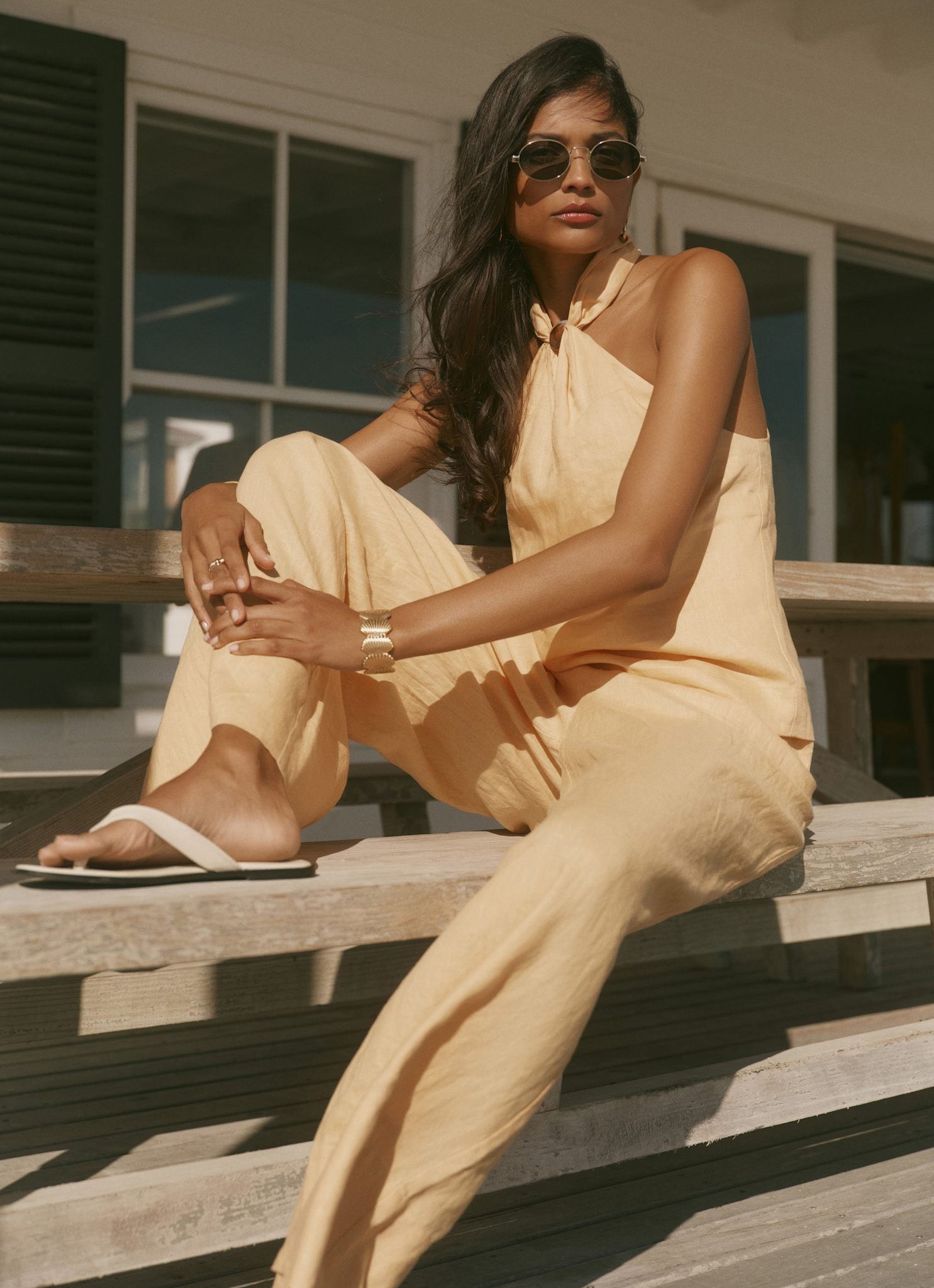 Yellow Linen Drawstring Wide Leg Trousers