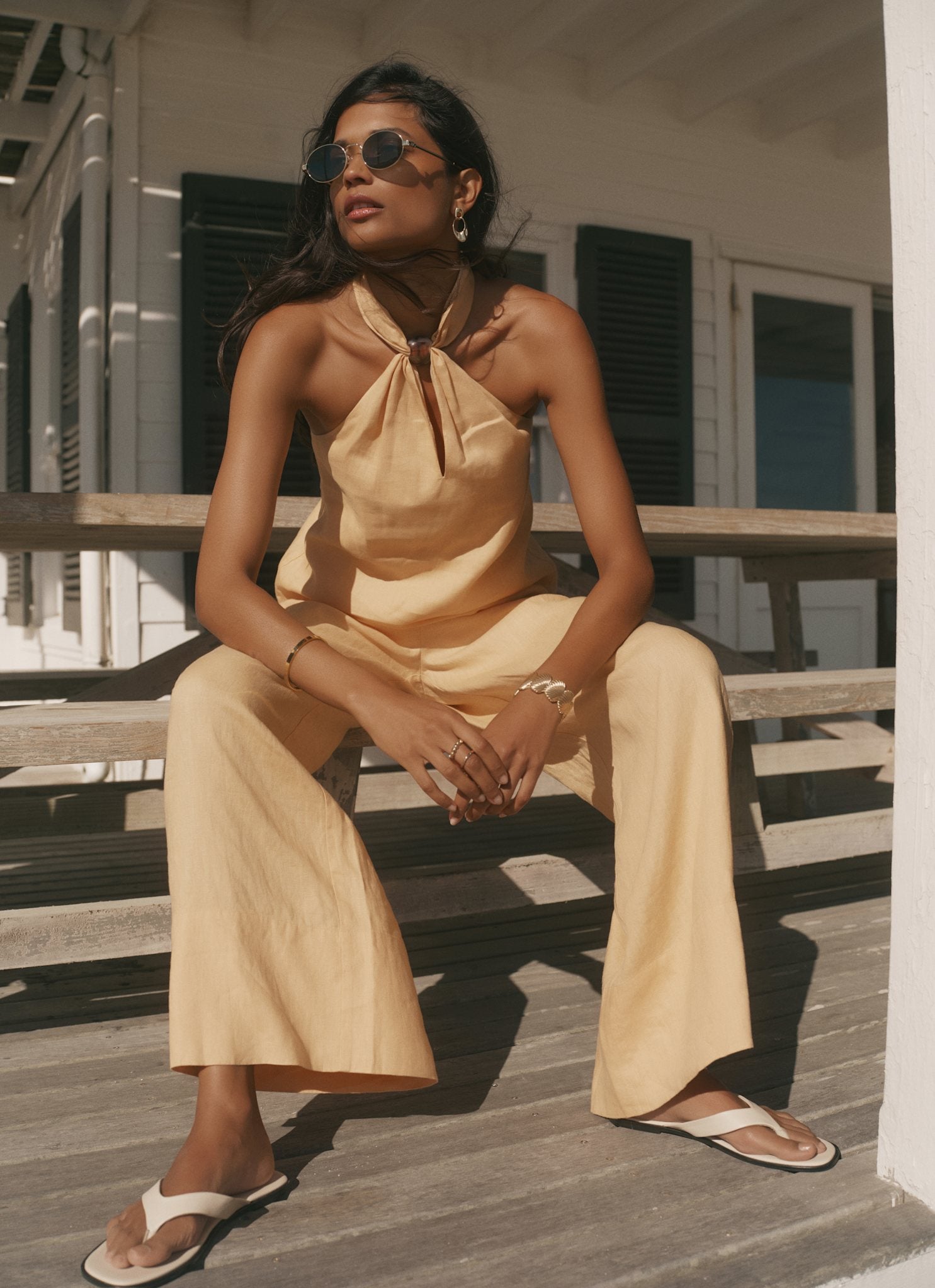 Yellow Linen Drawstring Wide Leg Trousers