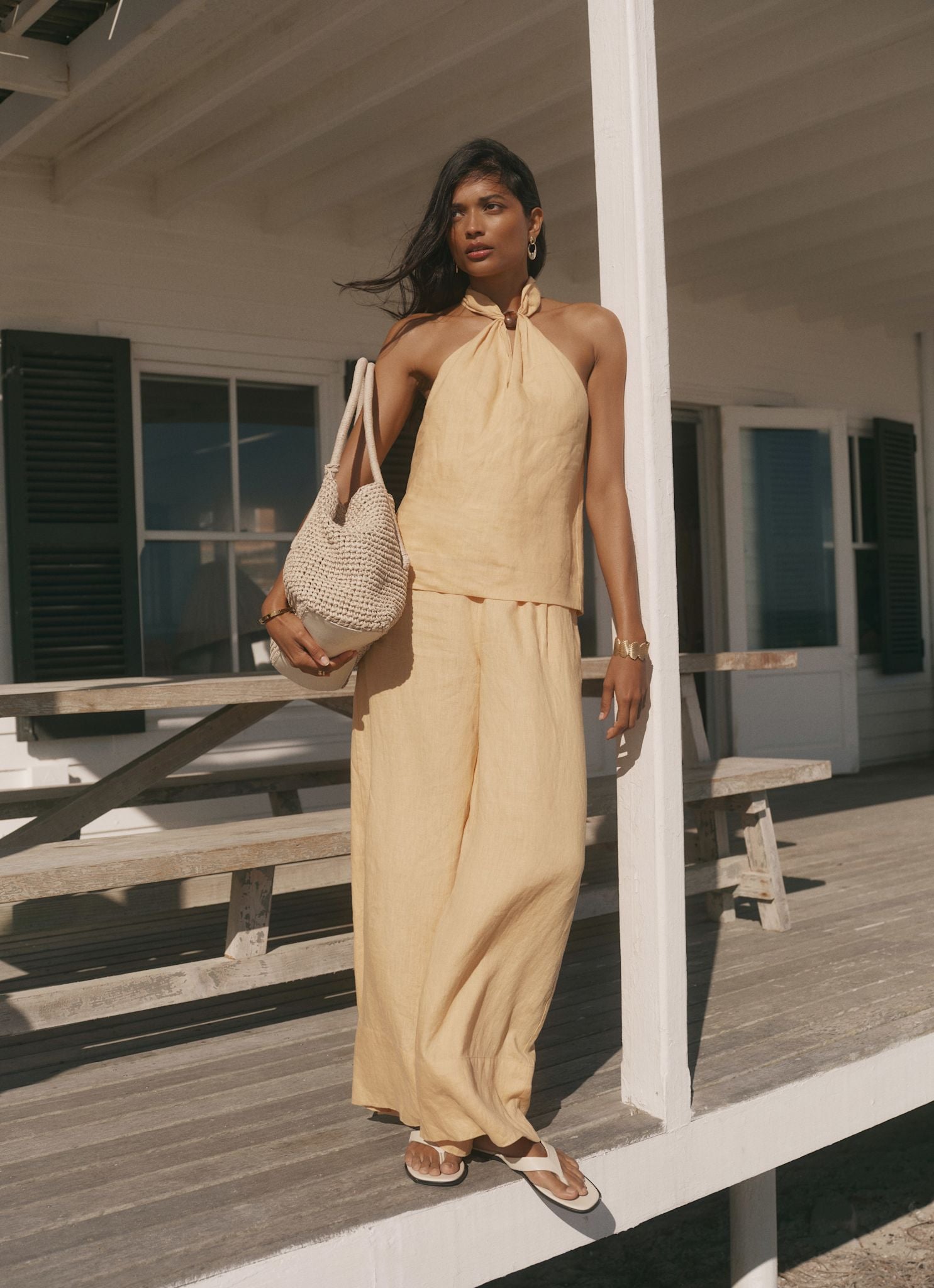 Yellow Linen Drawstring Wide Leg Trousers