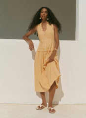 Yellow Ramie Drop Waist Midi Dress
