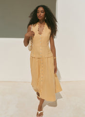 Yellow Ramie Drop Waist Midi Dress