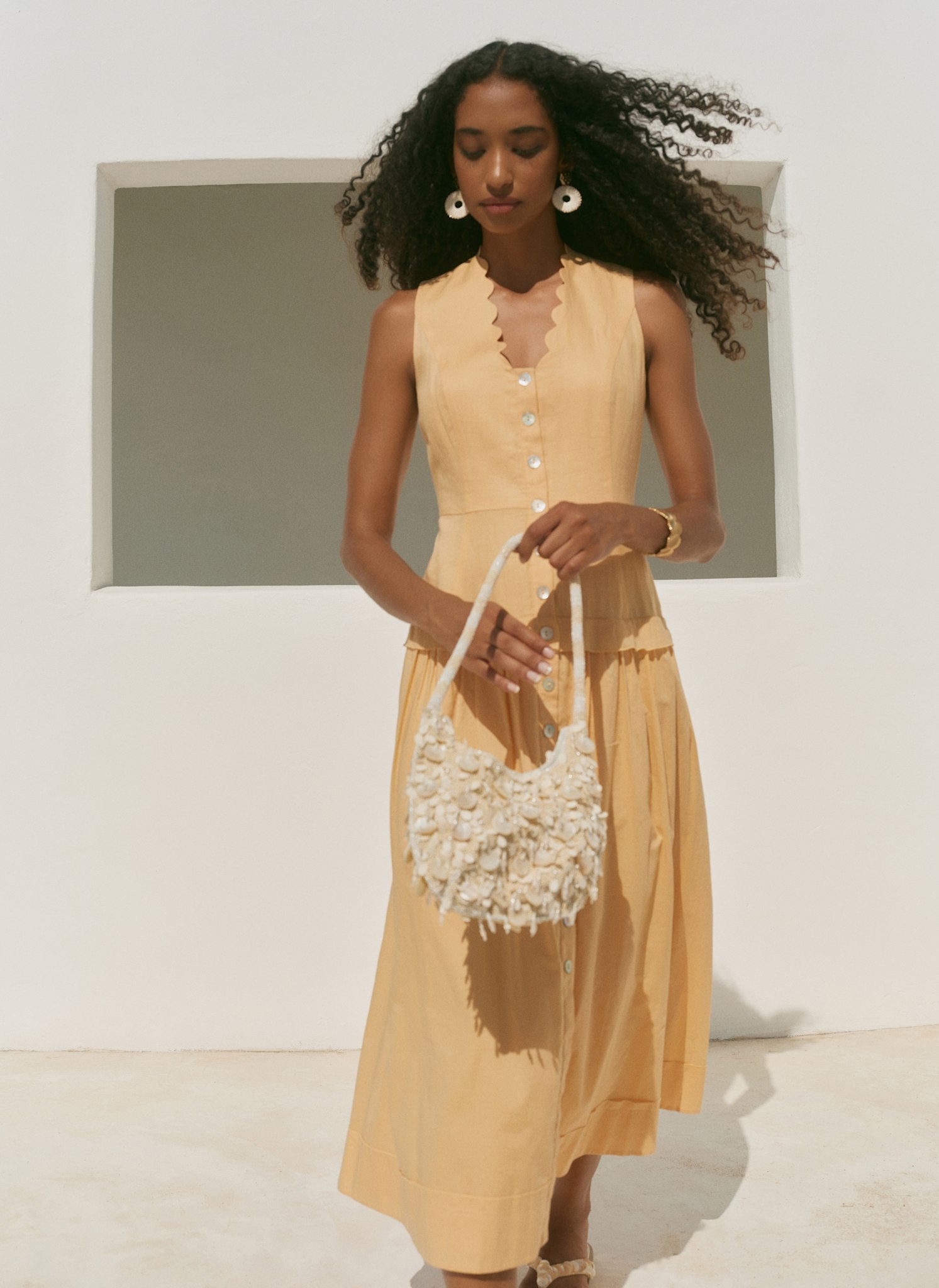 Yellow Ramie Drop Waist Midi Dress