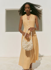 Yellow Ramie Drop Waist Midi Dress