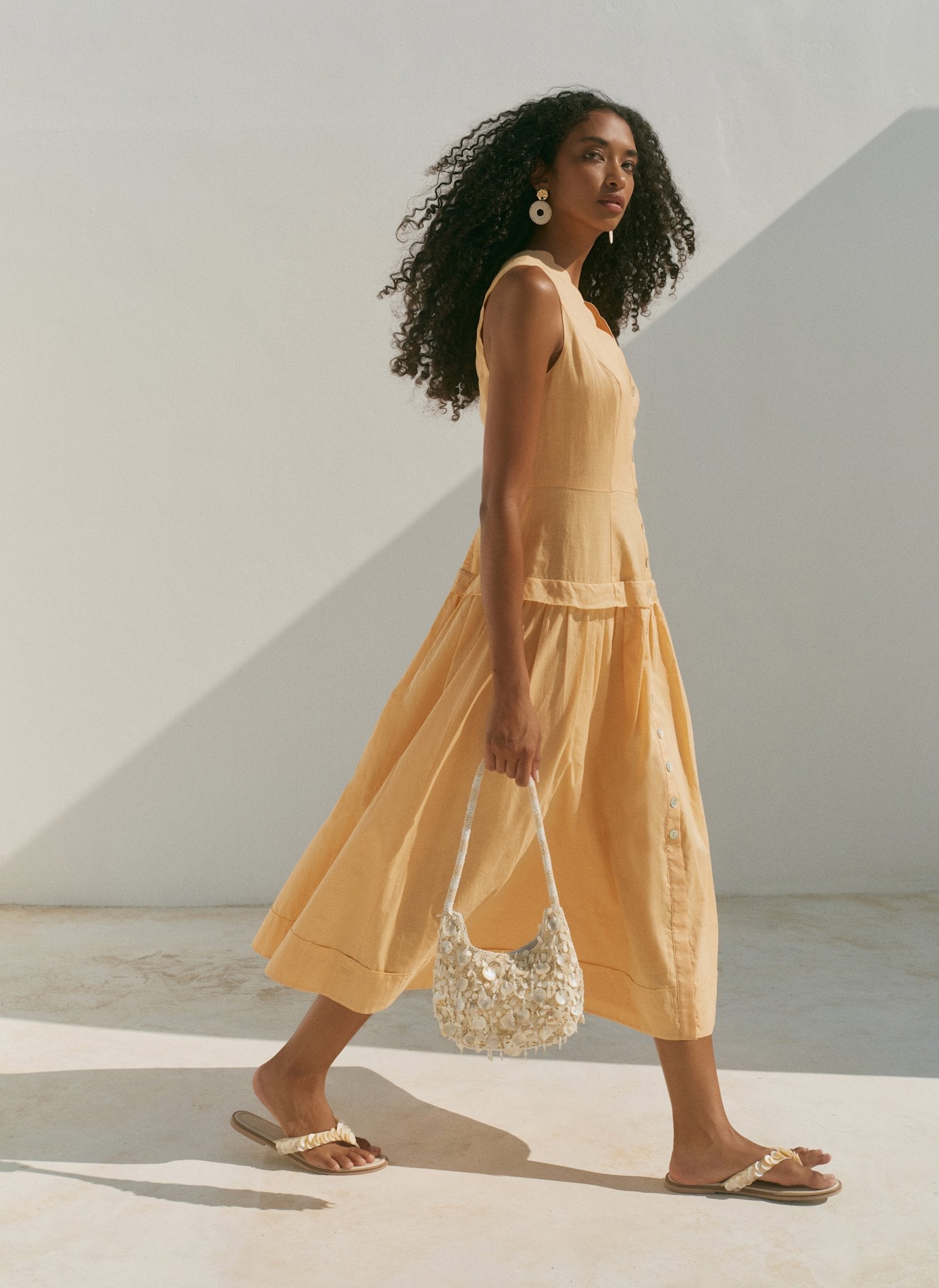 Yellow Ramie Drop Waist Midi Dress