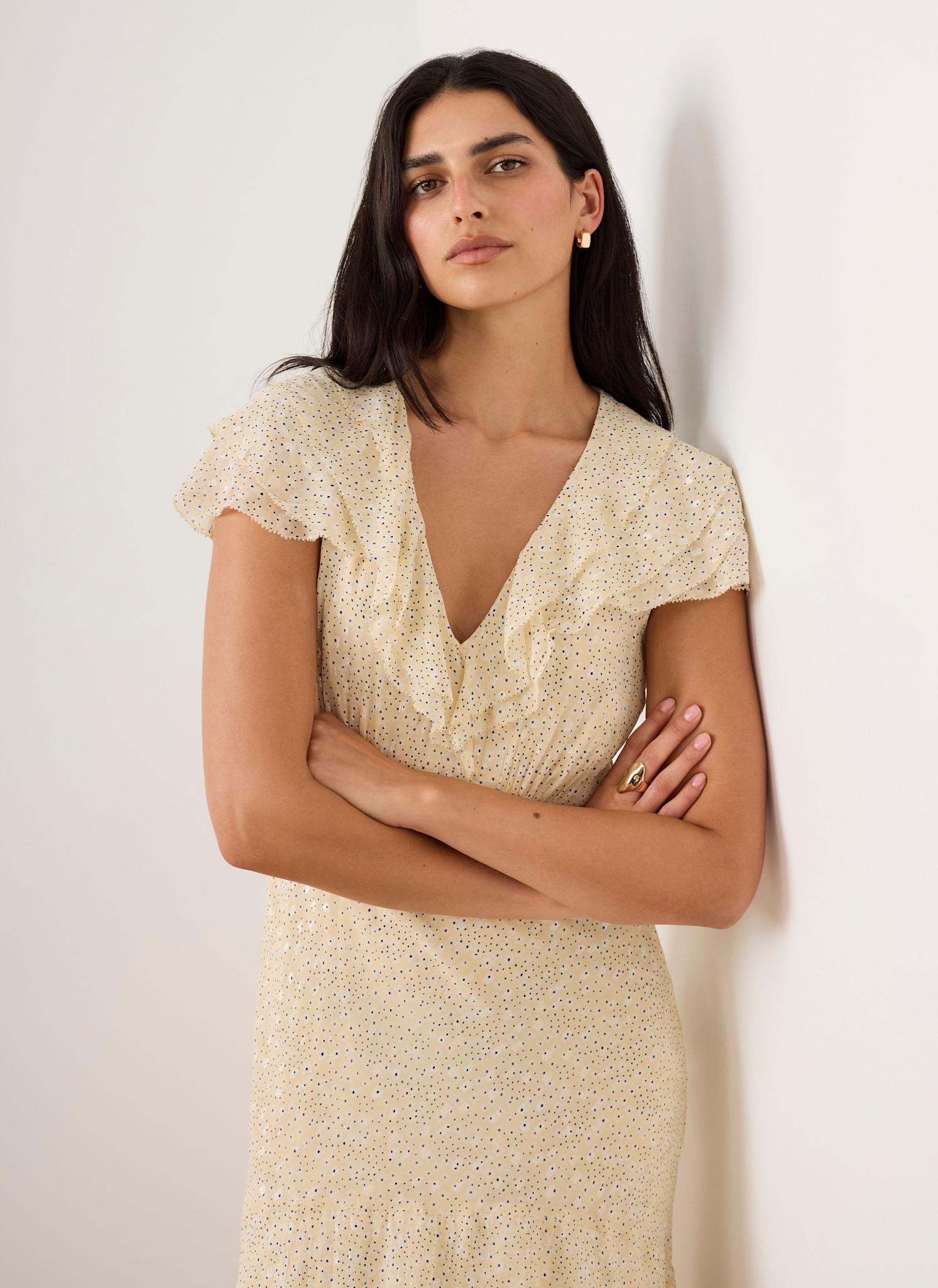Yellow Ruffle Print Midi Dress