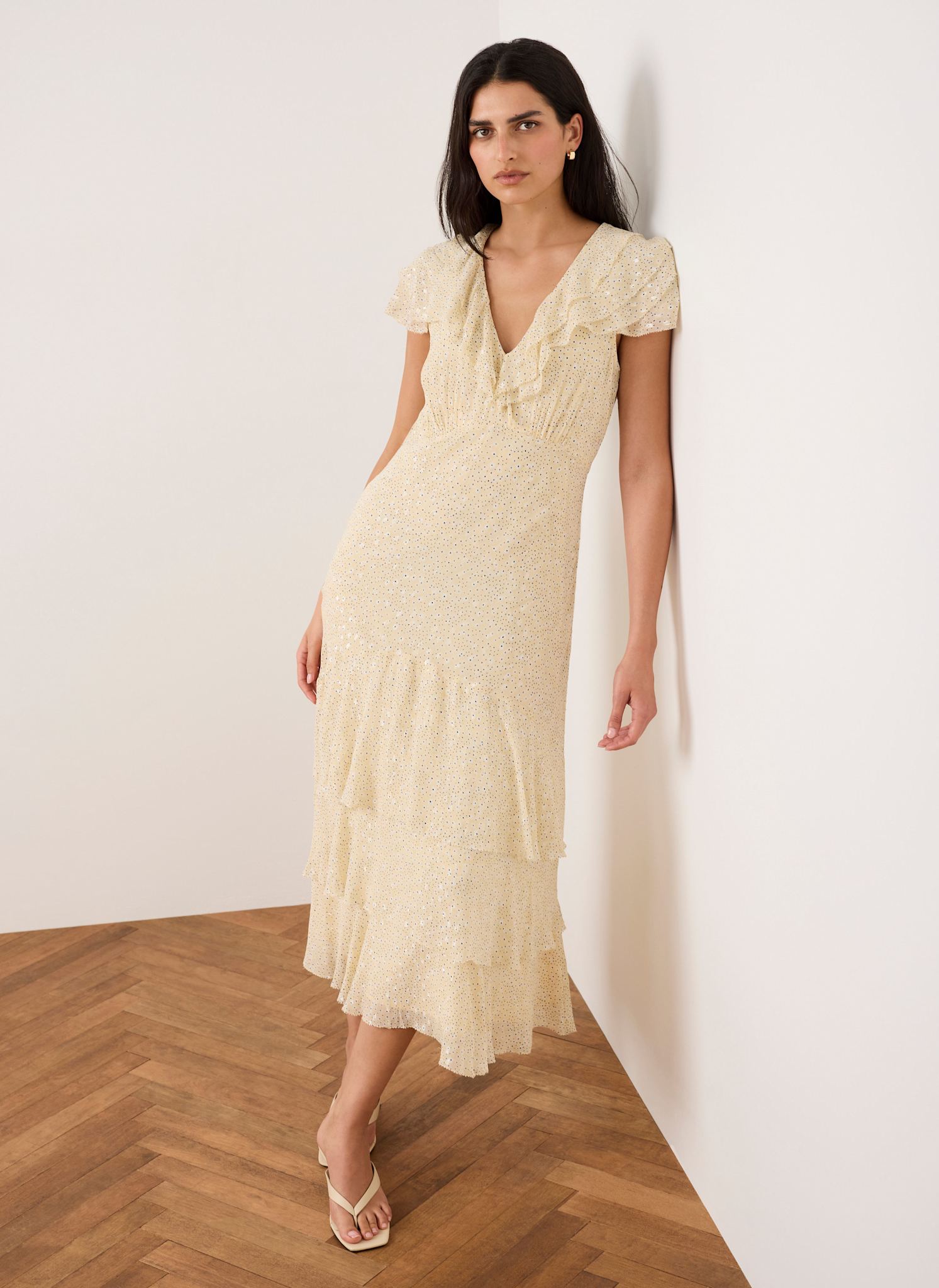 Yellow Ruffle Print Midi Dress