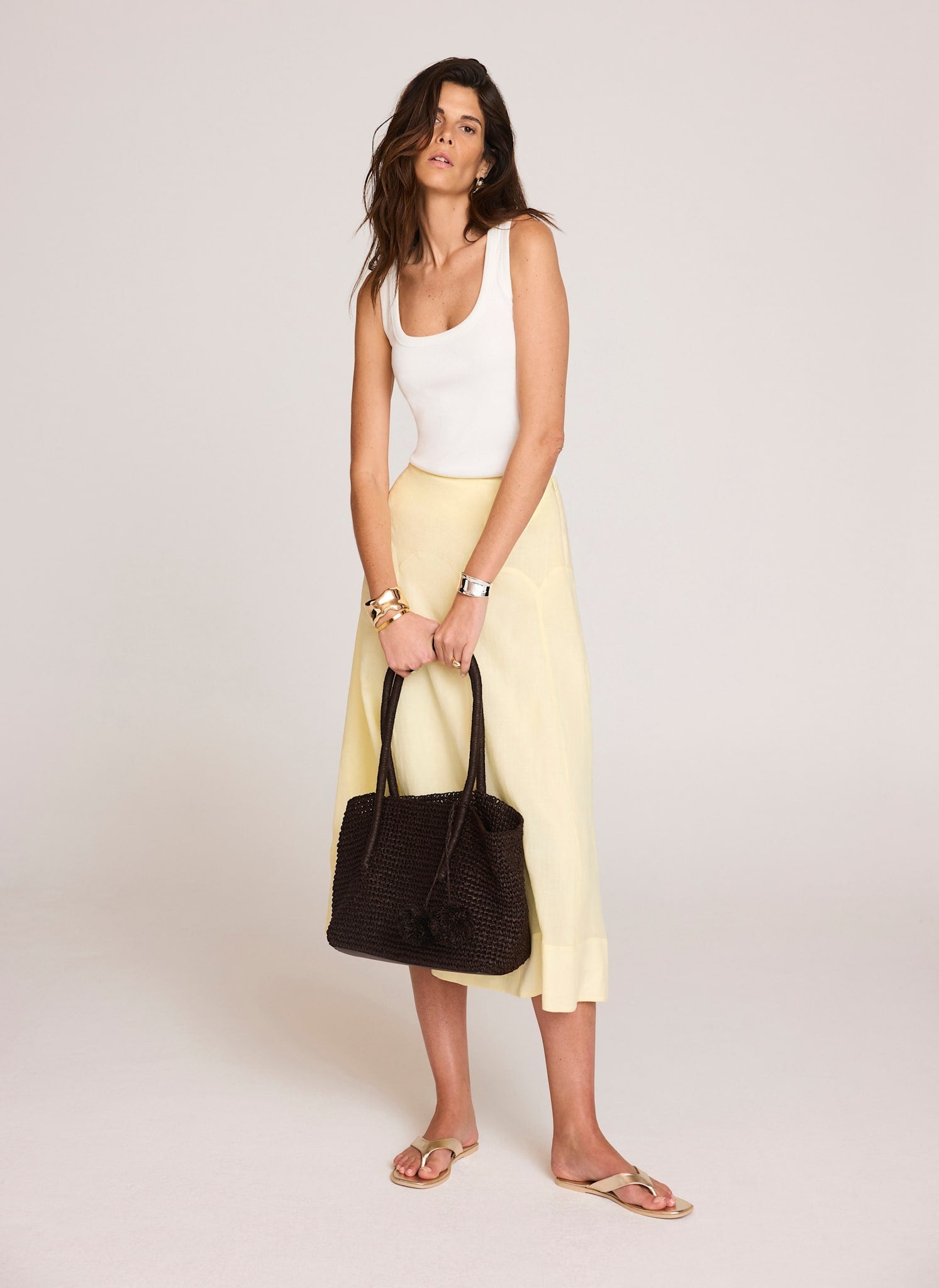 Yellow Ramie Drop Waist Midi Skirt