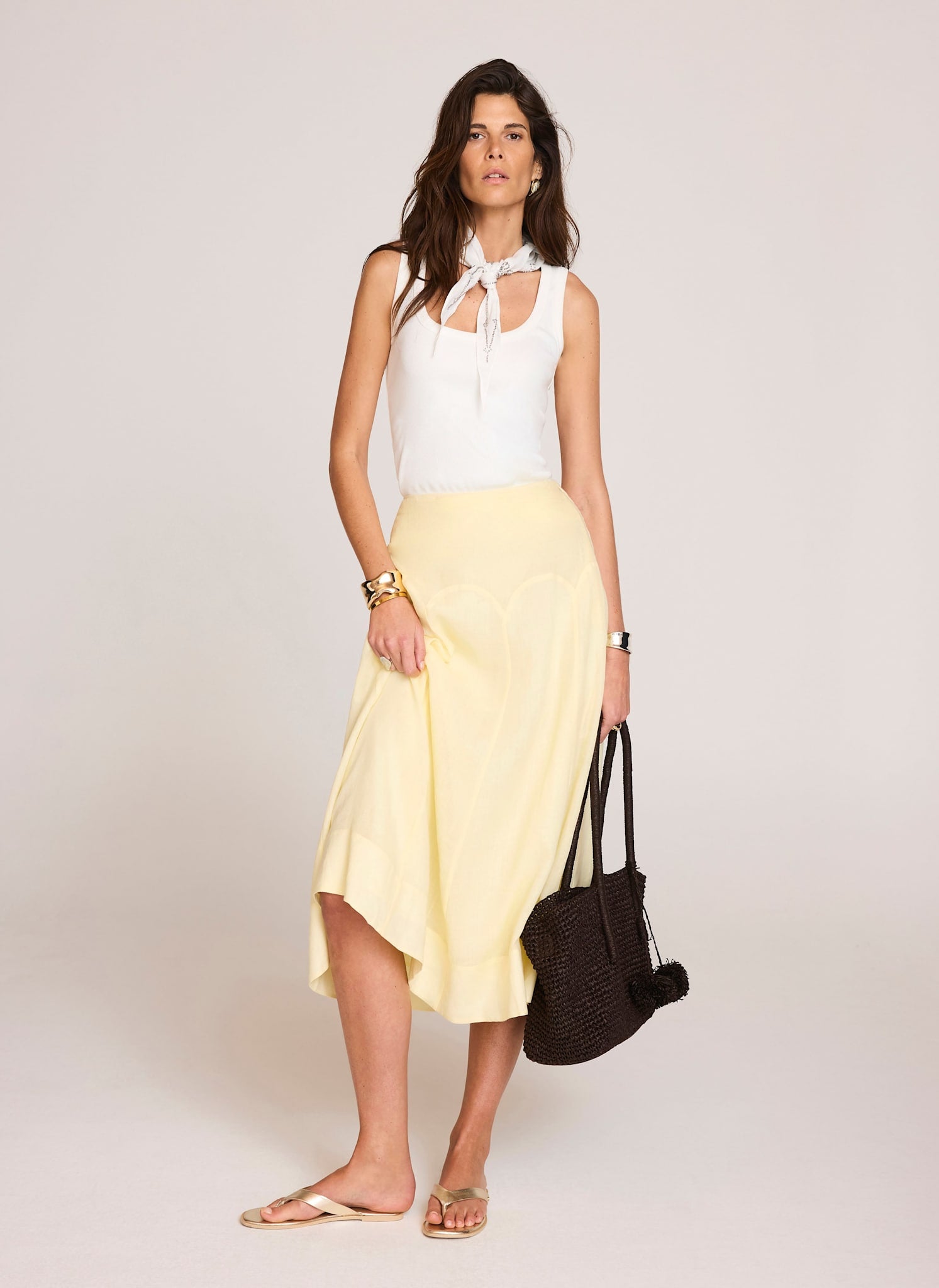 Yellow Ramie Drop Waist Midi Skirt