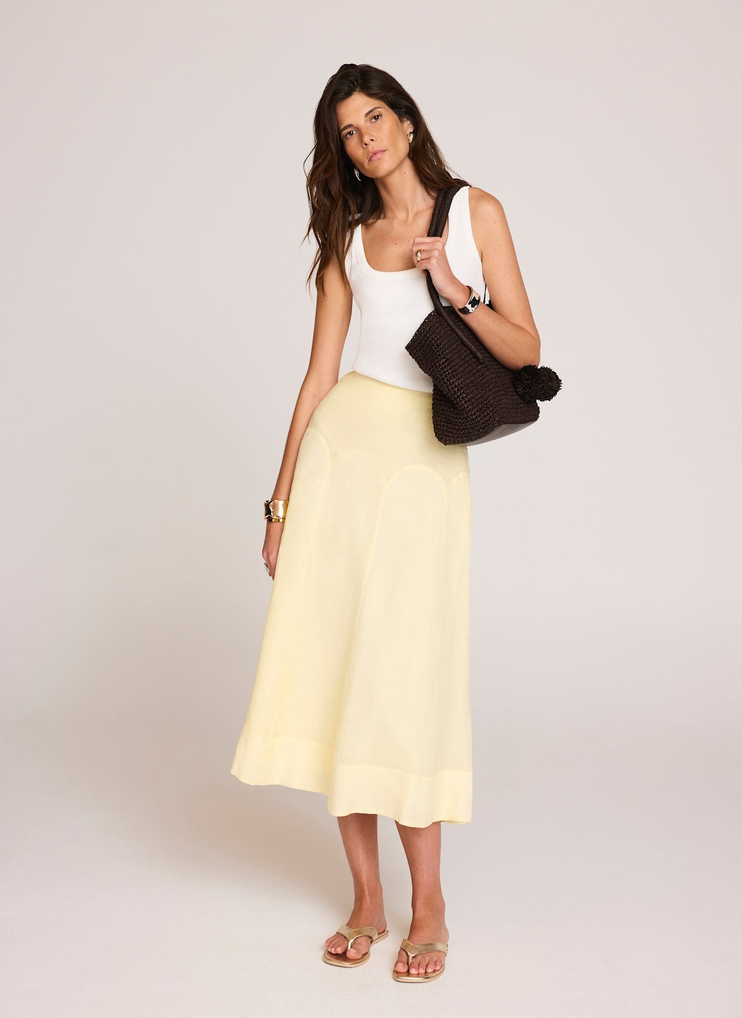 Yellow Ramie Drop Waist Midi Skirt