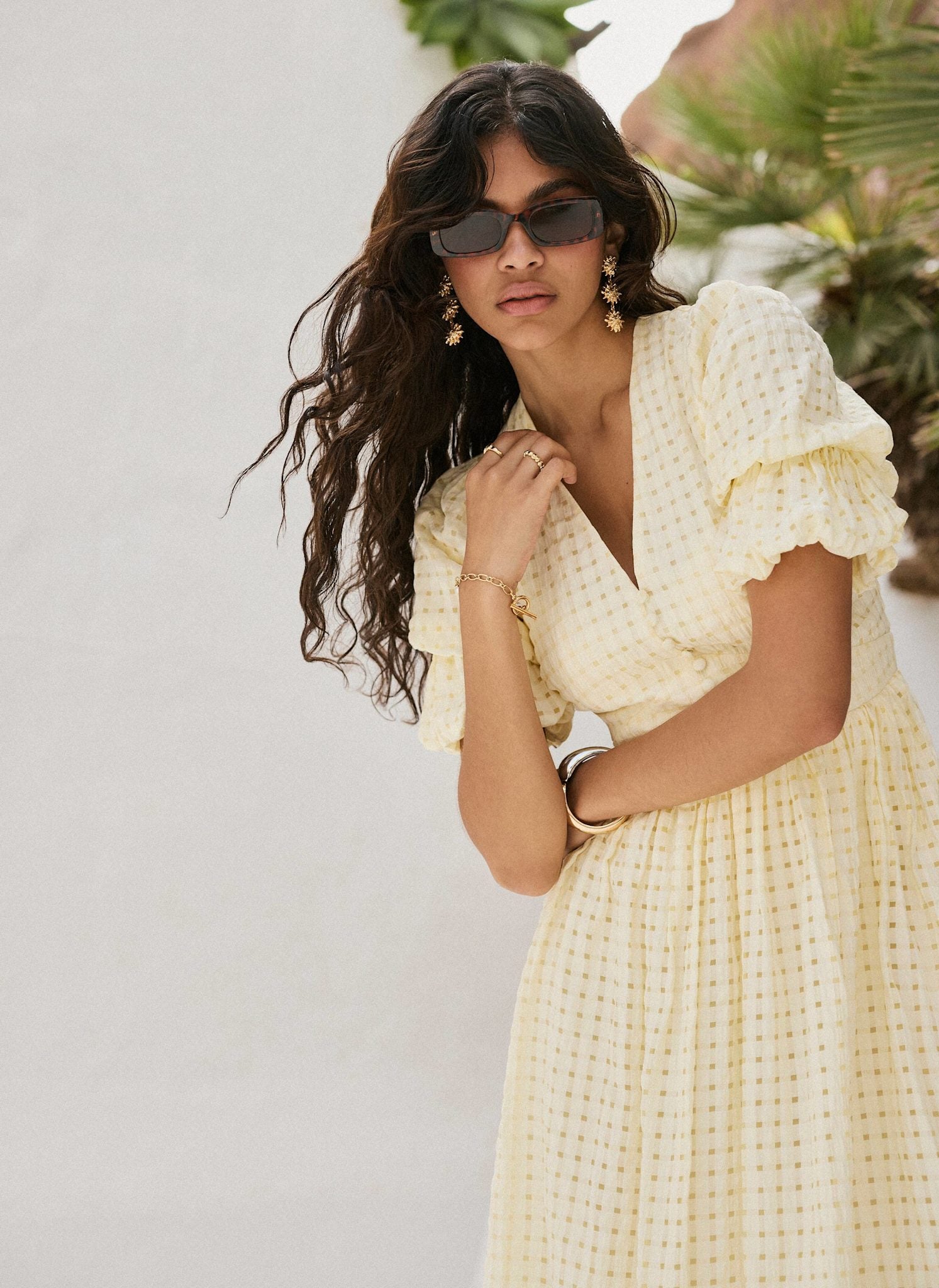Yellow Checked Midi Dress