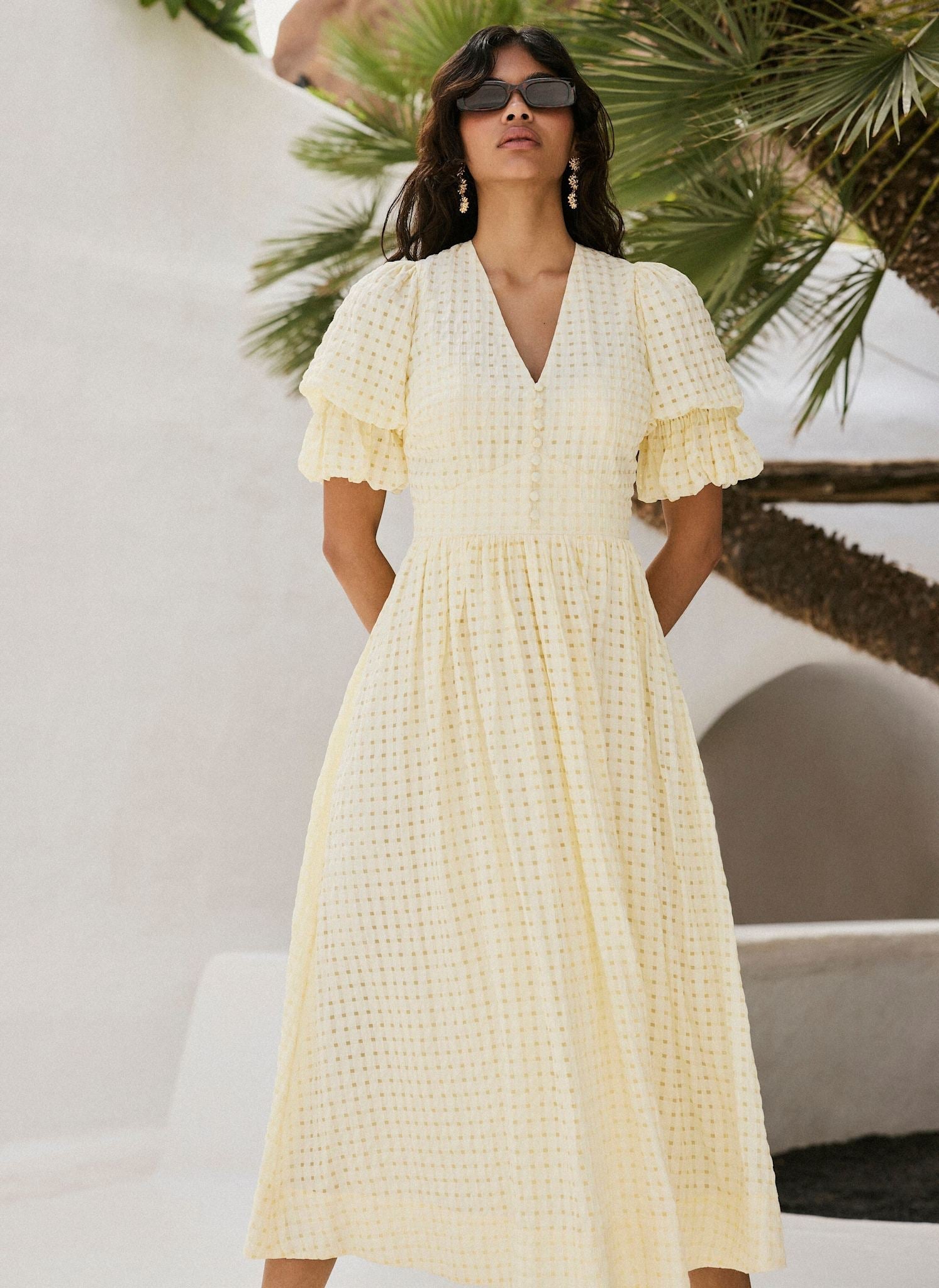 Yellow Checked Midi Dress