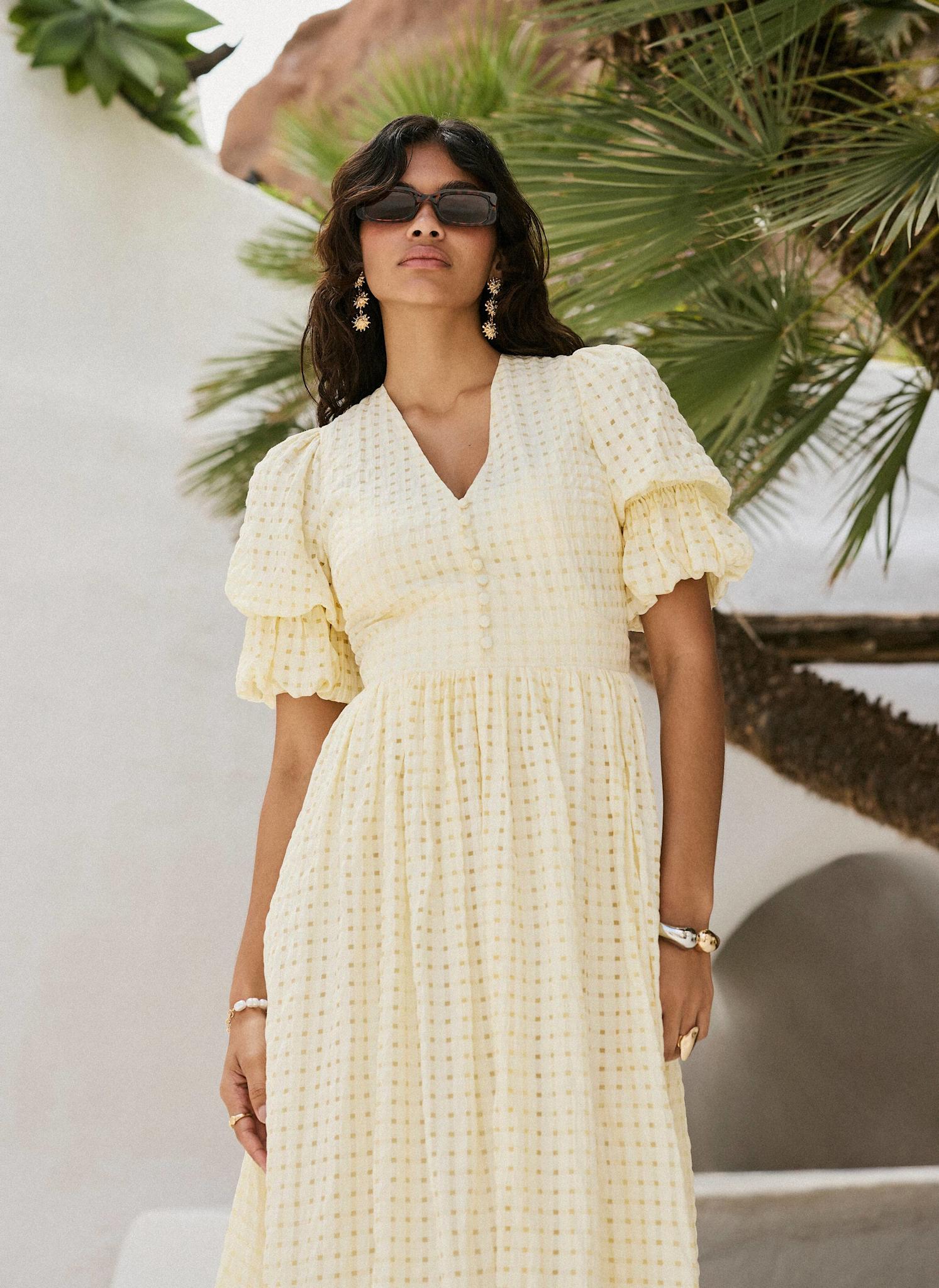 Yellow Checked Midi Dress