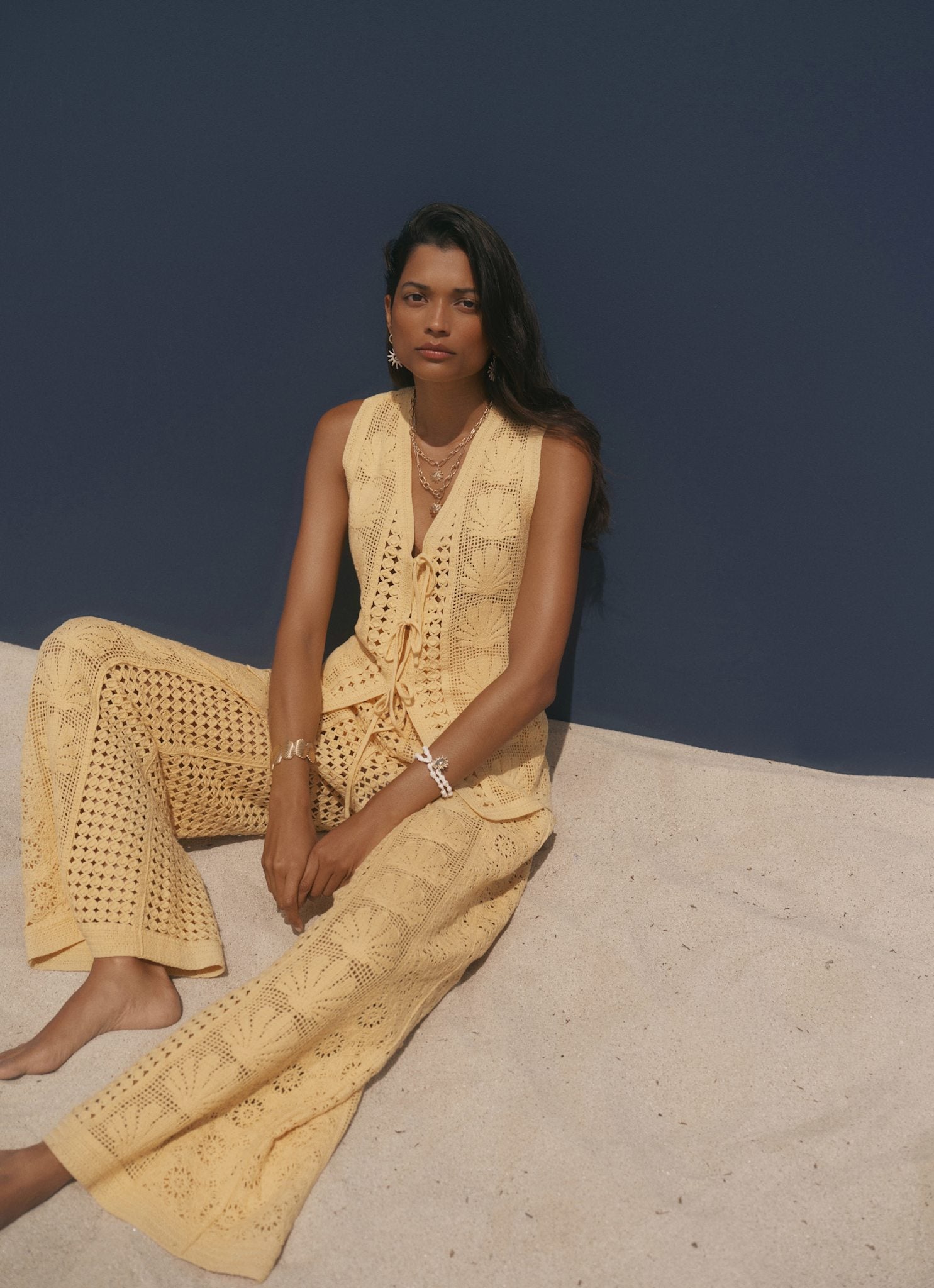 Yellow Crochet Shell Tie Front Top