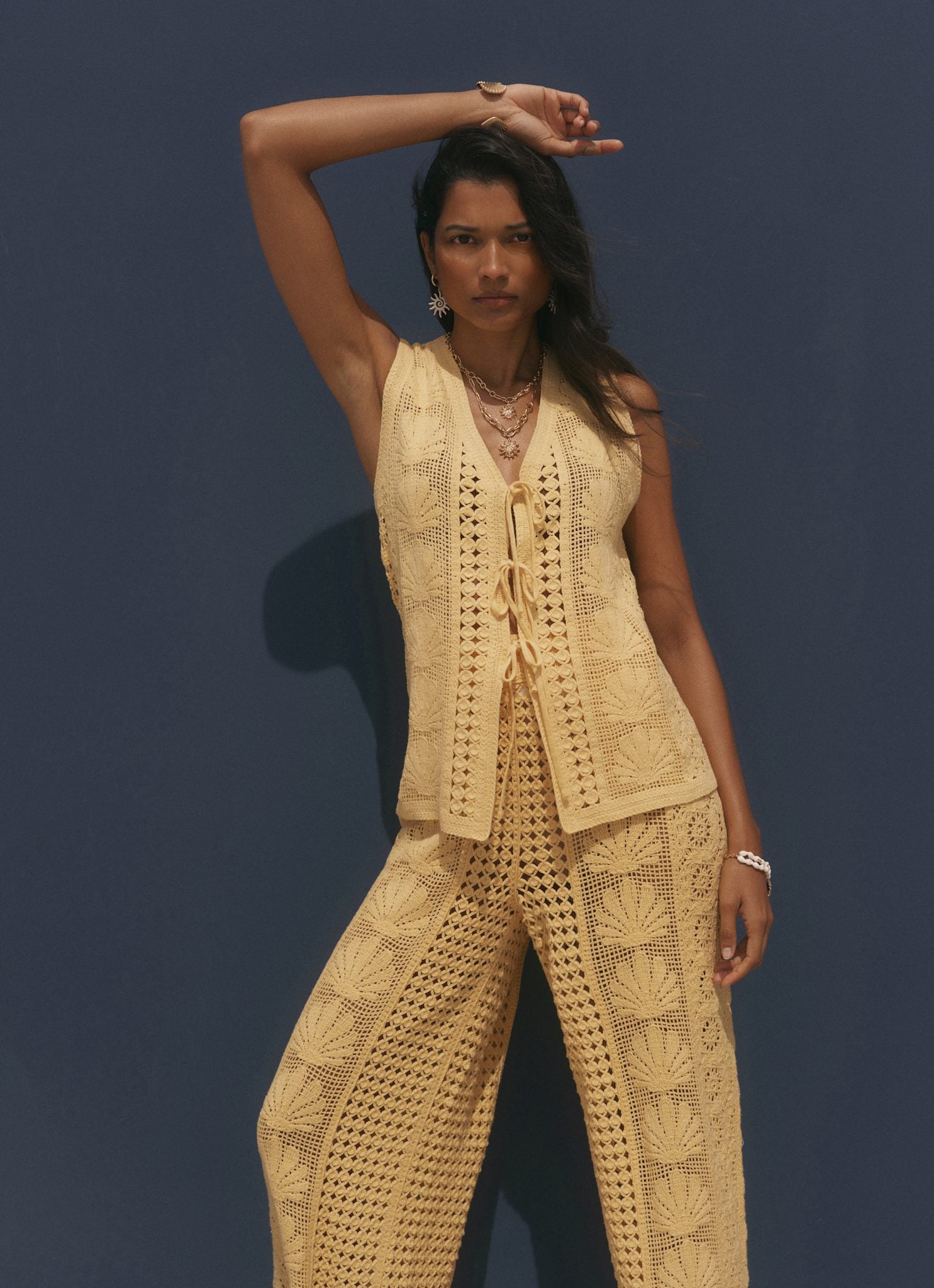 Yellow Crochet Shell Tie Front Top