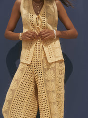 Yellow Crochet Shell Tie Front Top