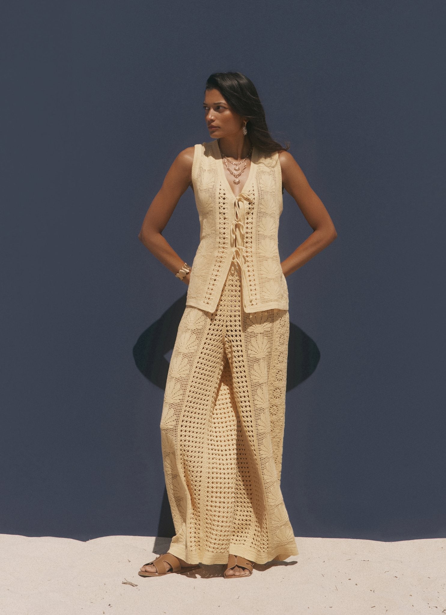 Yellow Crochet Shell Tie Front Top