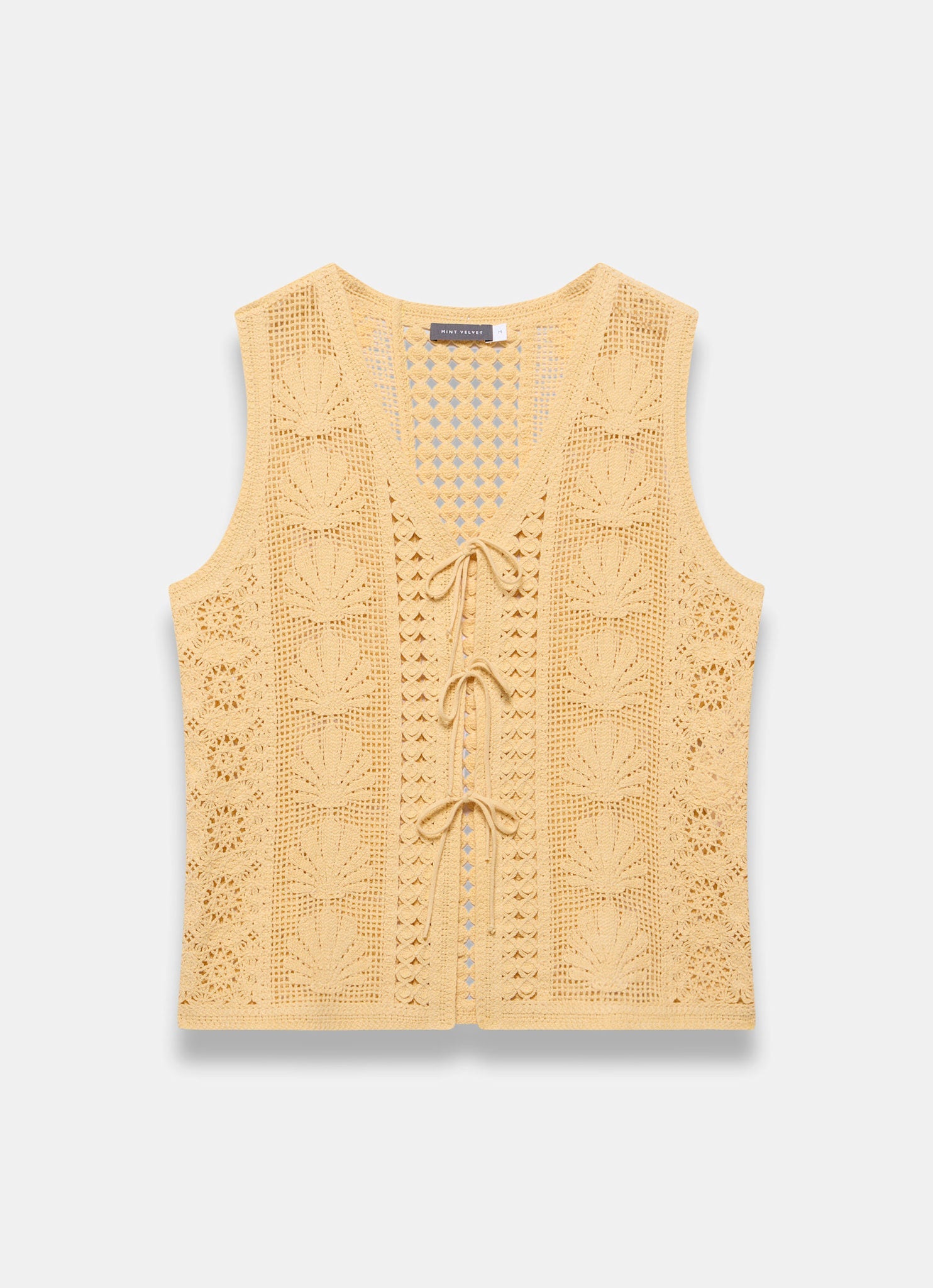 Yellow Crochet Shell Tie Front Top