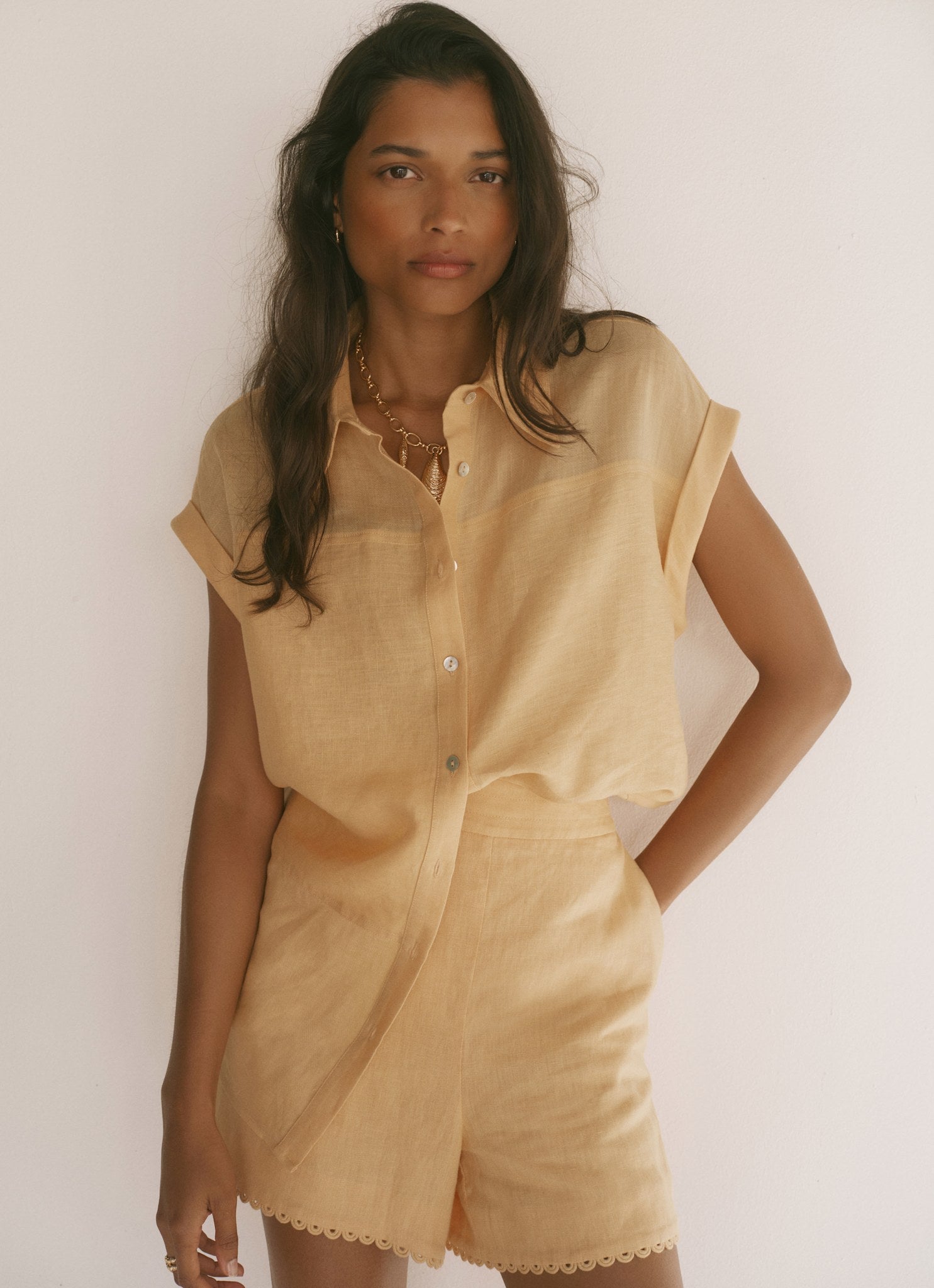 Yellow Linen Blend Sheer Panel Shirt