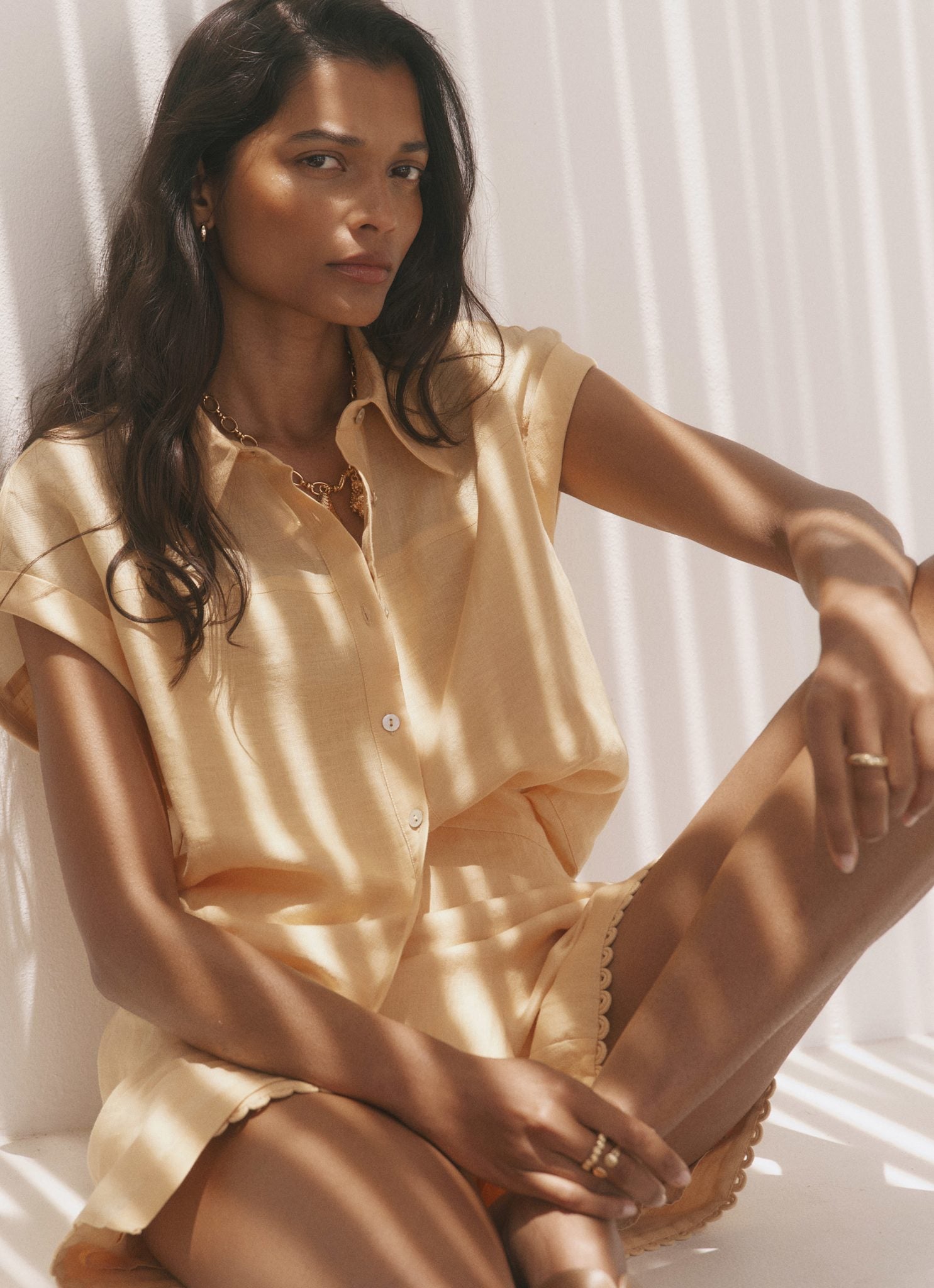 Yellow Linen Blend Sheer Panel Shirt