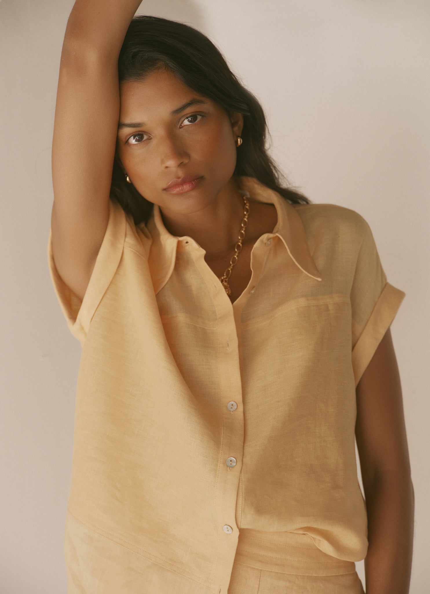Yellow Linen Blend Sheer Panel Shirt