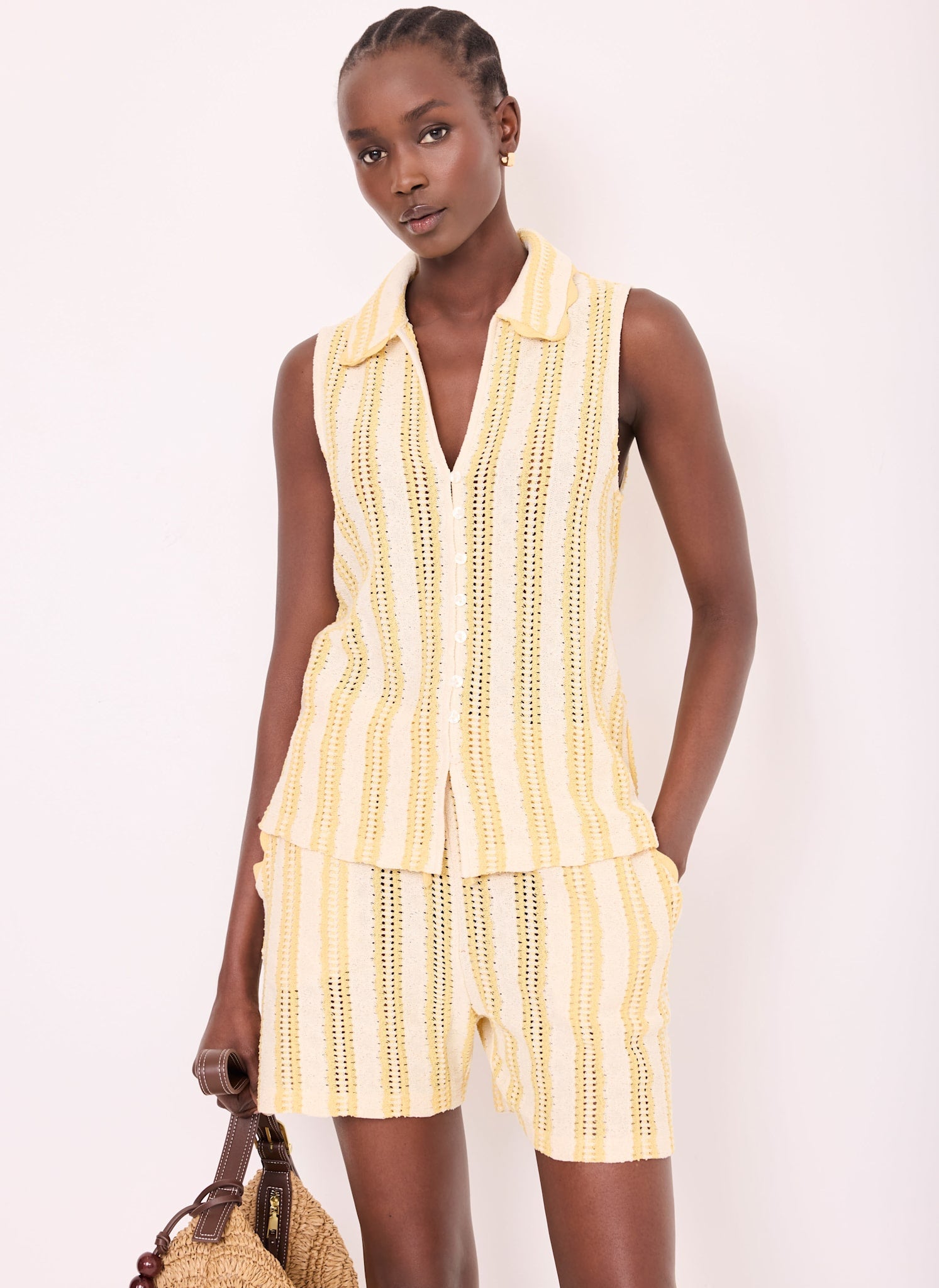 Yellow Stripe Beach Shorts Set