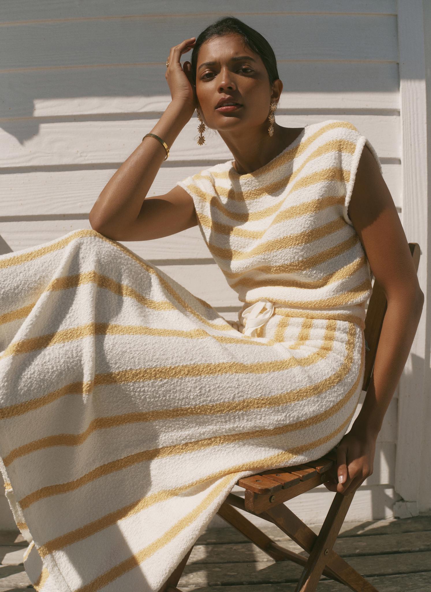 Yellow Cotton Blend Striped Midi Dress