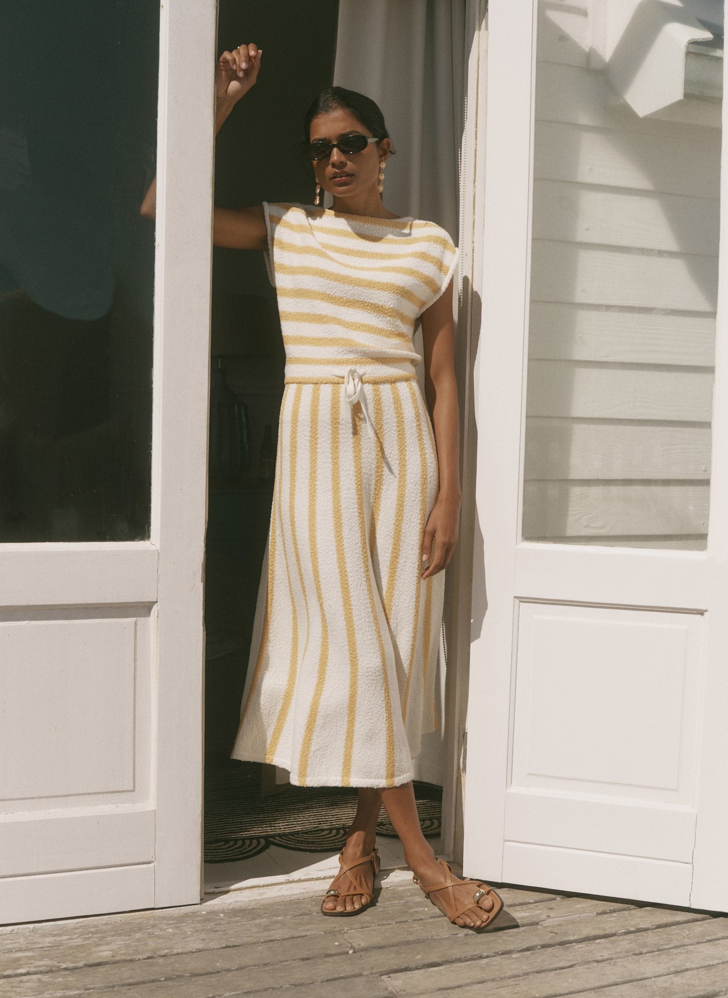 Yellow Cotton Blend Striped Midi Dress