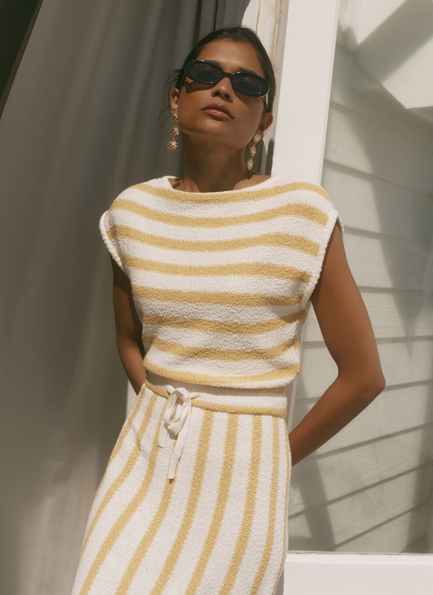Yellow Cotton Blend Striped Midi Dress