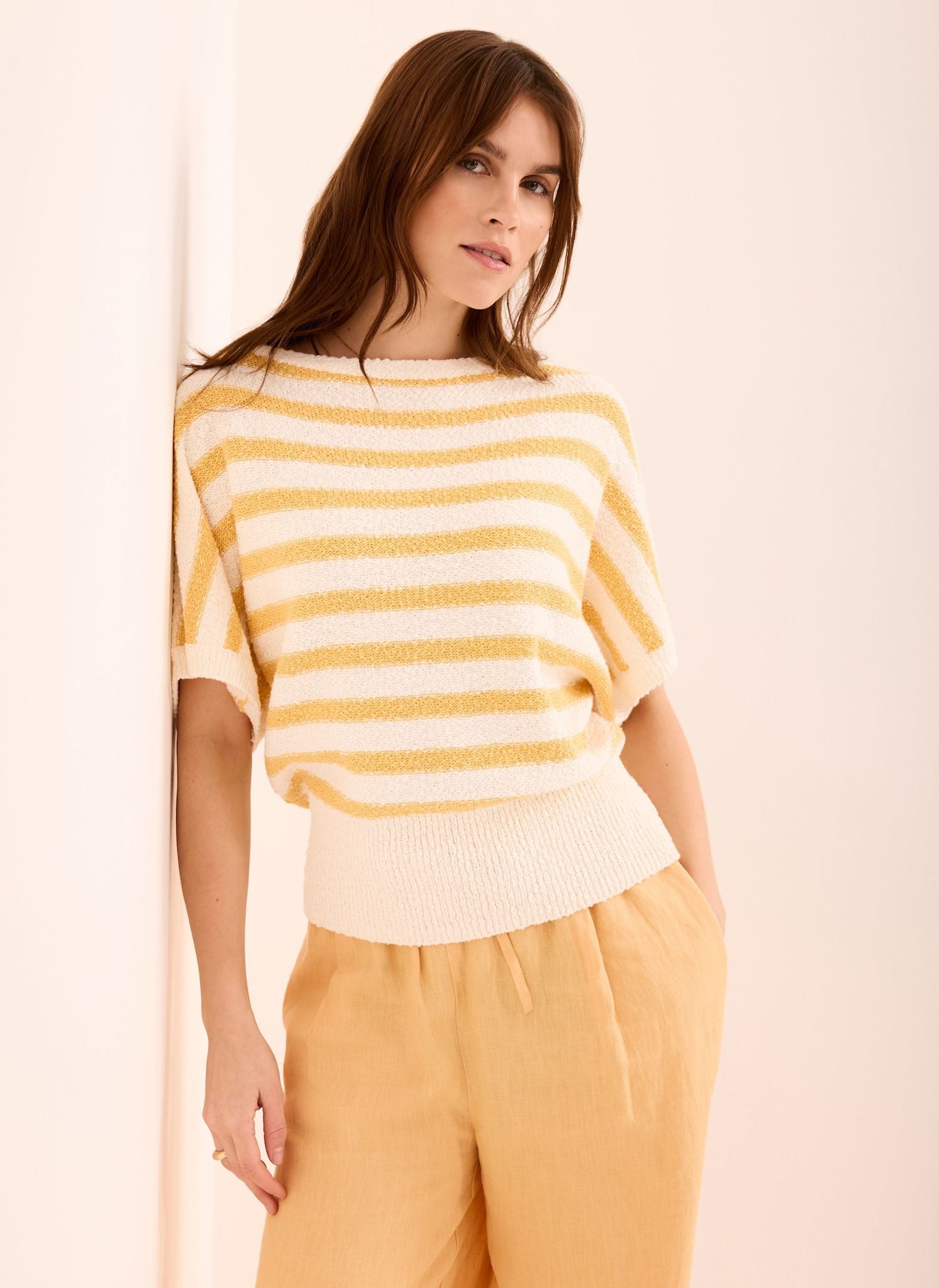 Yellow Striped Textured Knit Top