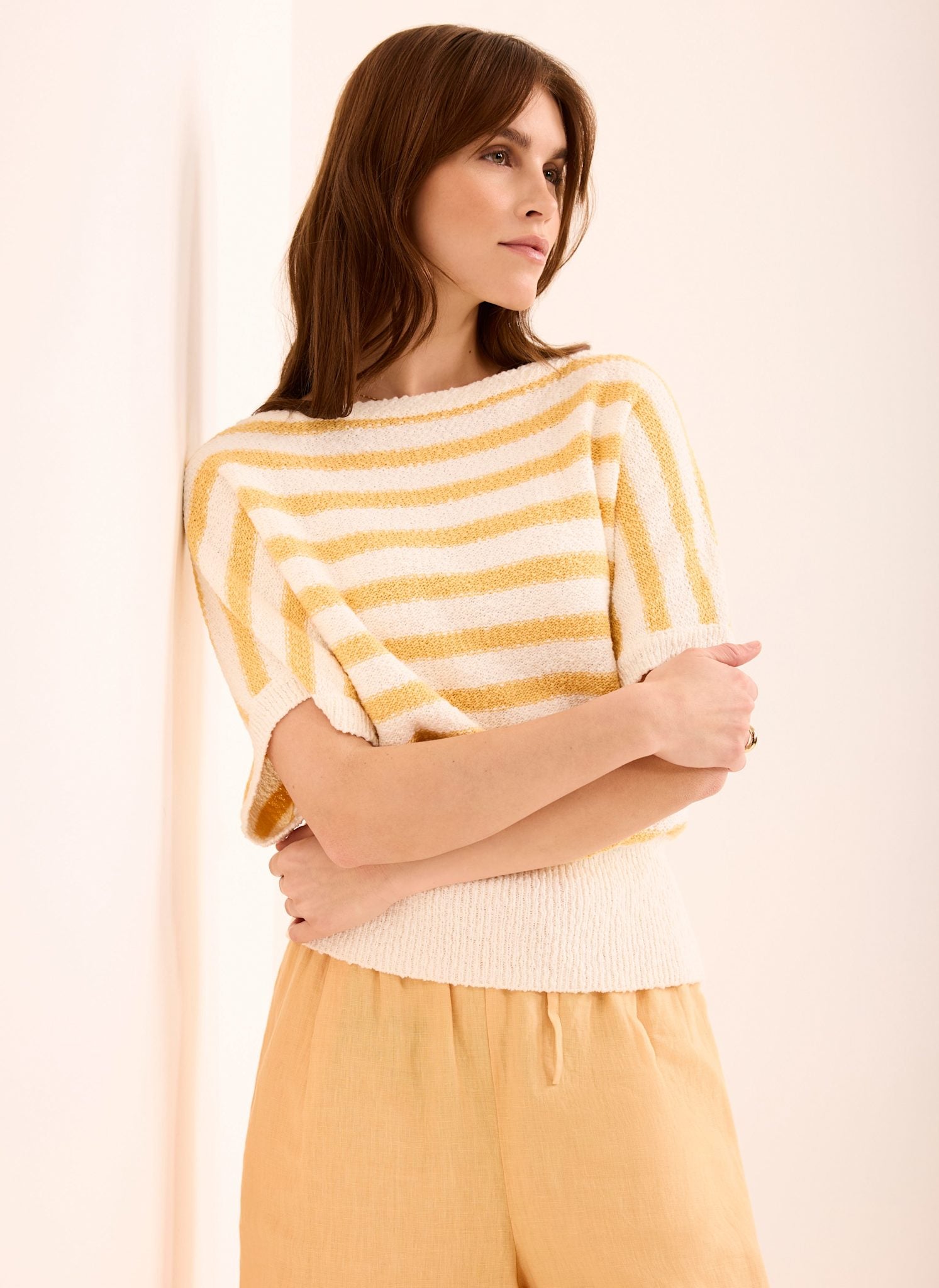 Yellow Striped Textured Knit Top