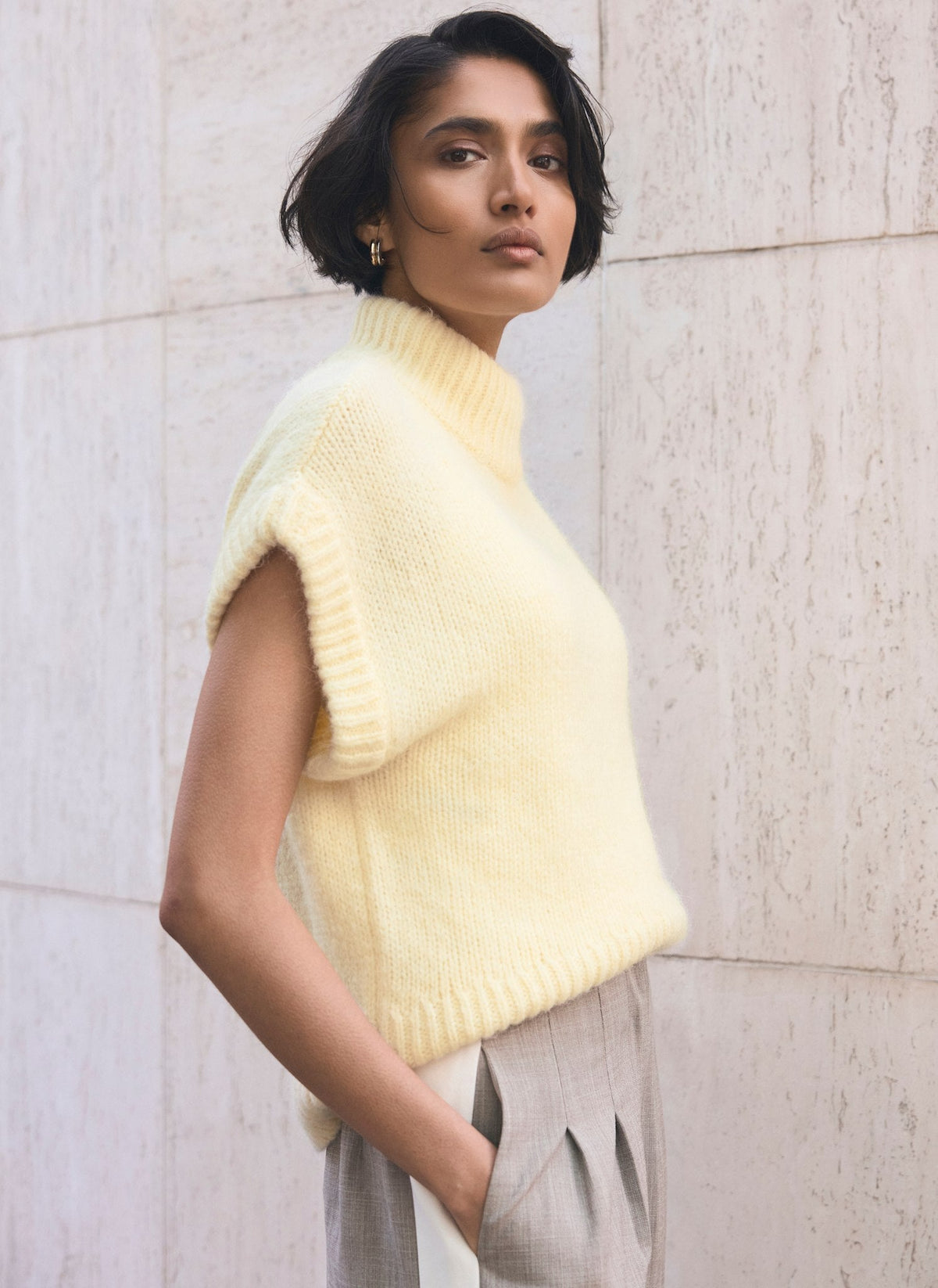 Butter Yellow Wool Blend High Neck Knit Top