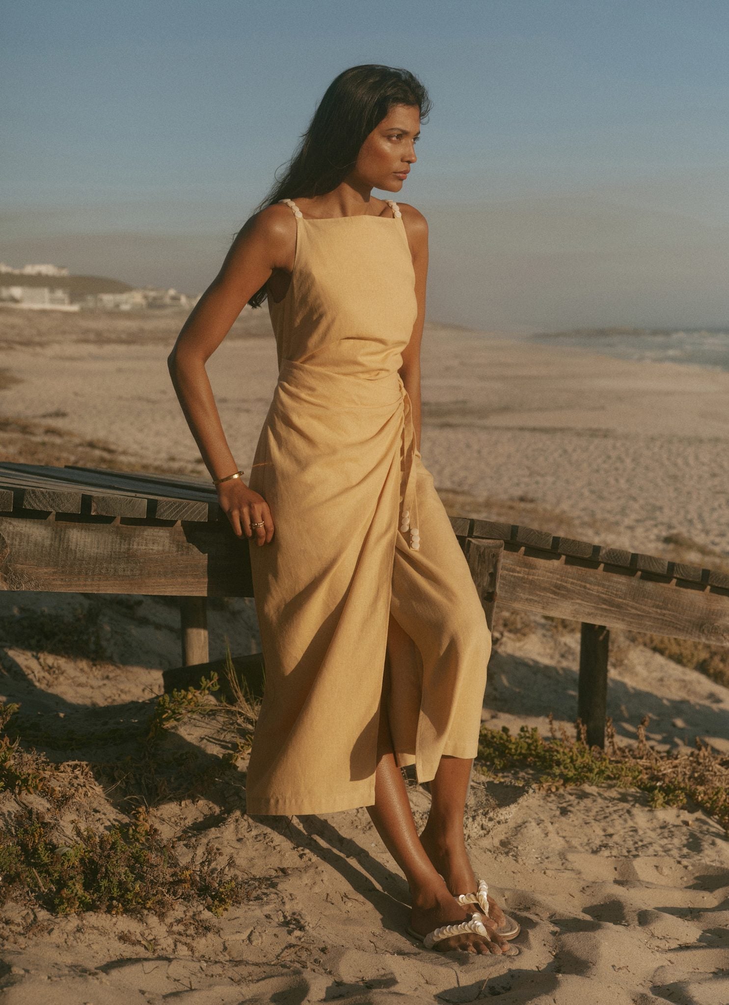 Yellow Linen Blend Wrap Midi Dress
