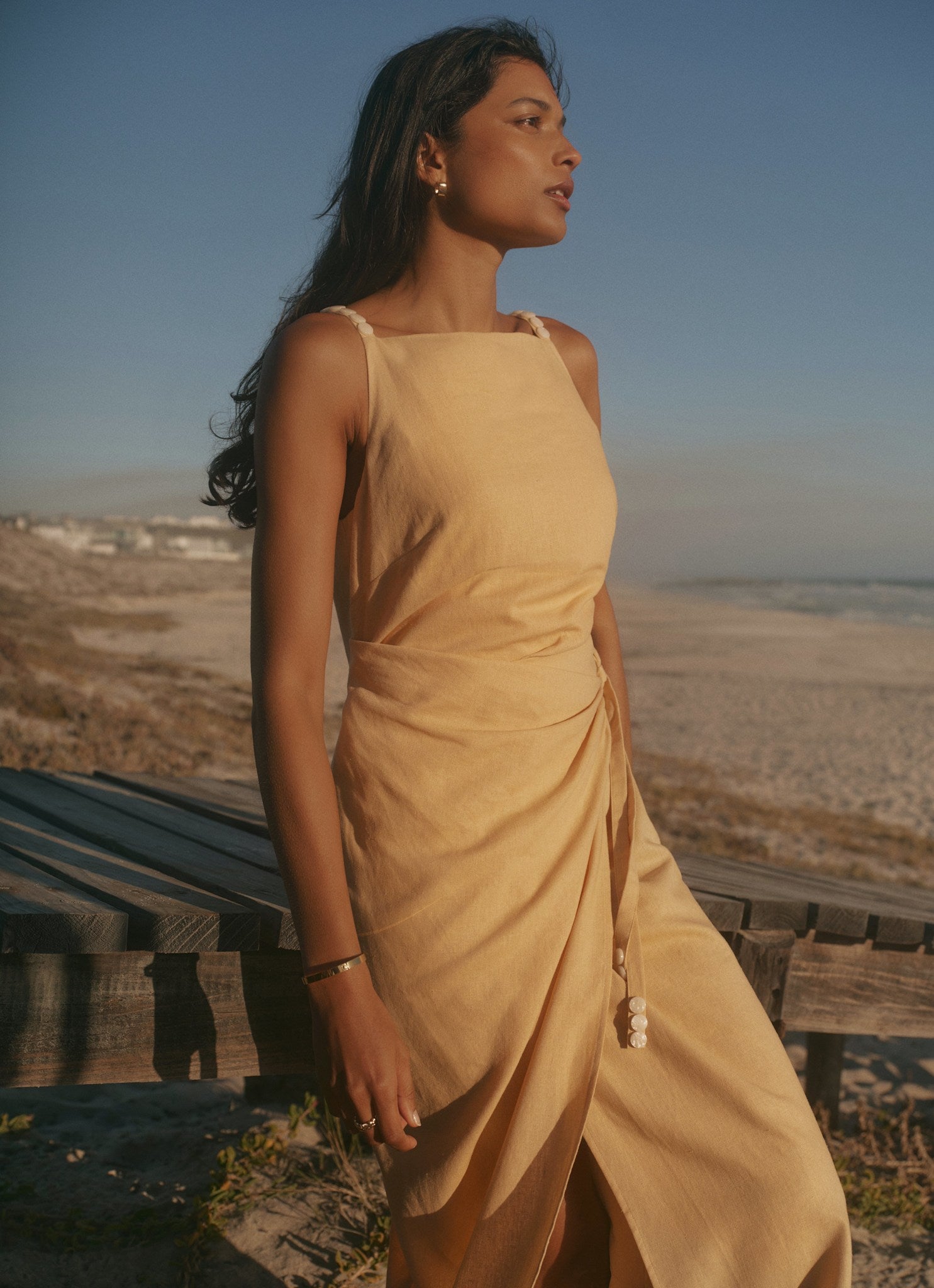 Yellow Linen Blend Wrap Midi Dress
