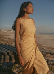 Yellow Linen Blend Wrap Midi Dress
