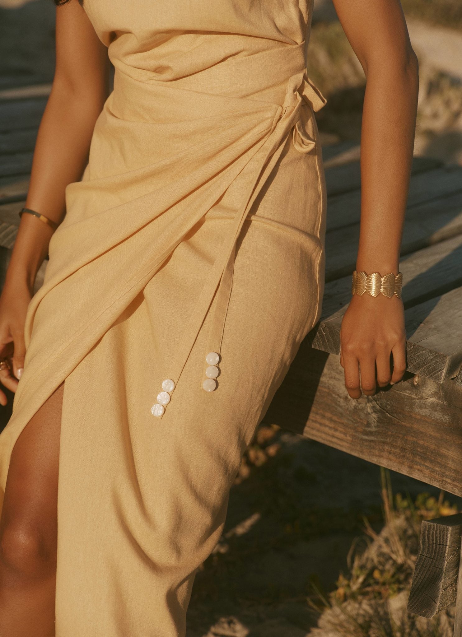 Yellow Linen Blend Wrap Midi Dress