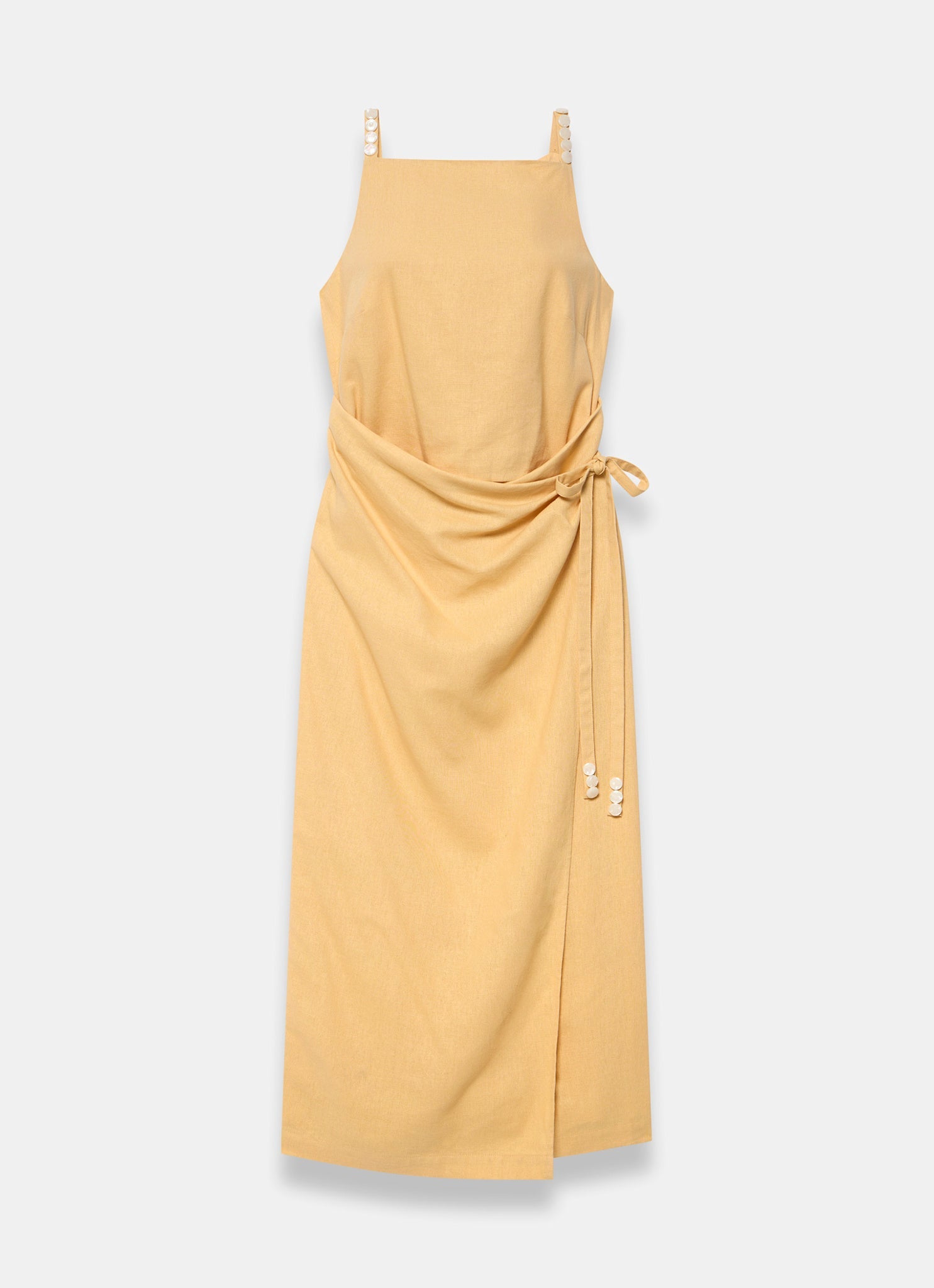 Yellow Linen Blend Wrap Midi Dress